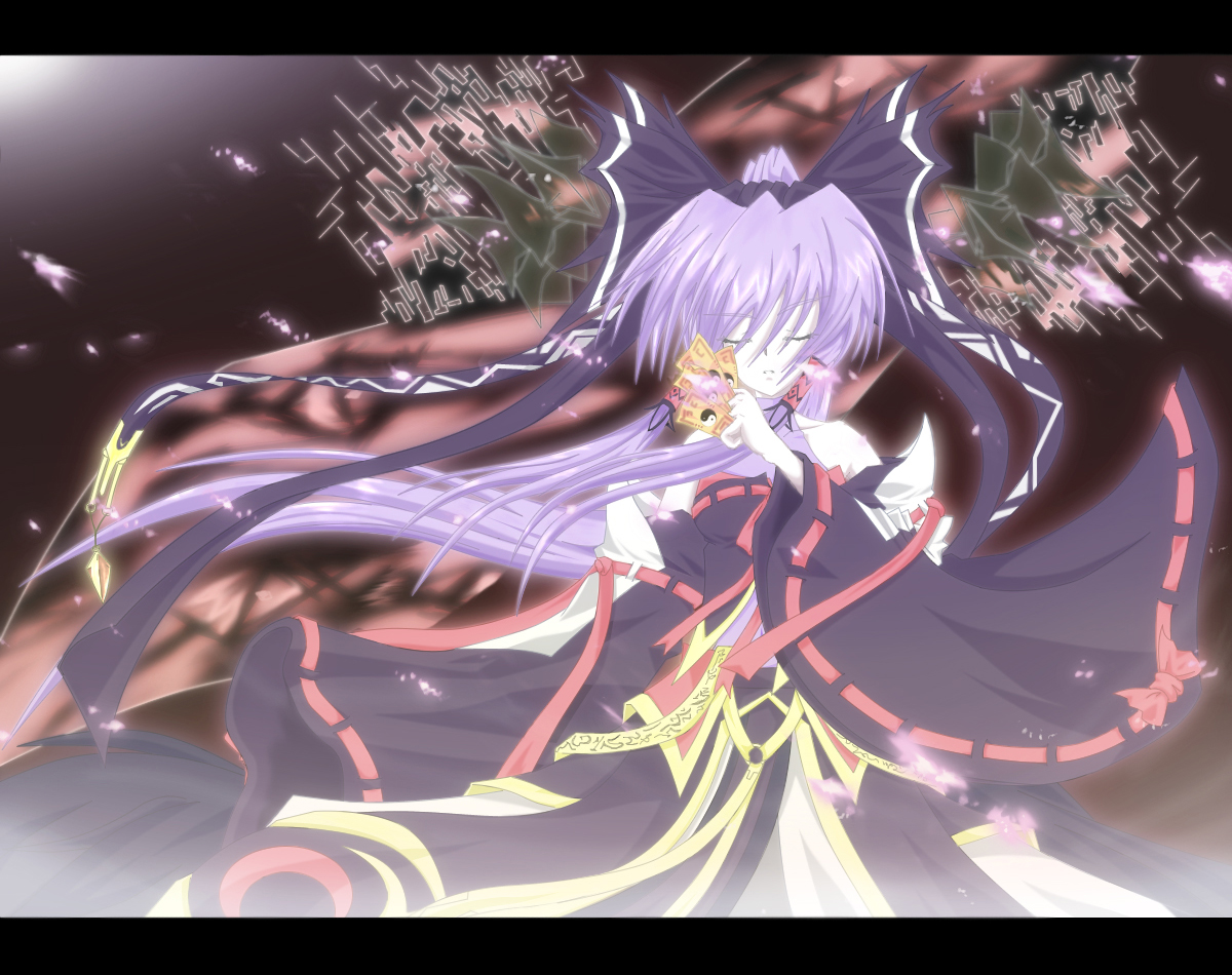 hakurei reimu, meimu, touhou, 1girl, closed eyes, female focus, japanese clothes, long hair, miko, ofuda, purple hair, solo, very long hair