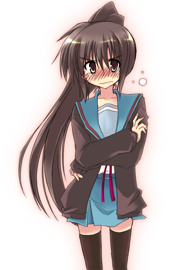 akane souichi, kyon, kyonko, suzumiya haruhi no yuuutsu, gender request, 00s, 1girl, black thighhighs, blush, cardigan, female focus, genderswap, gradient background, ponytail, school uniform, serafuku, solo, thighhighs, zettai ryouiki