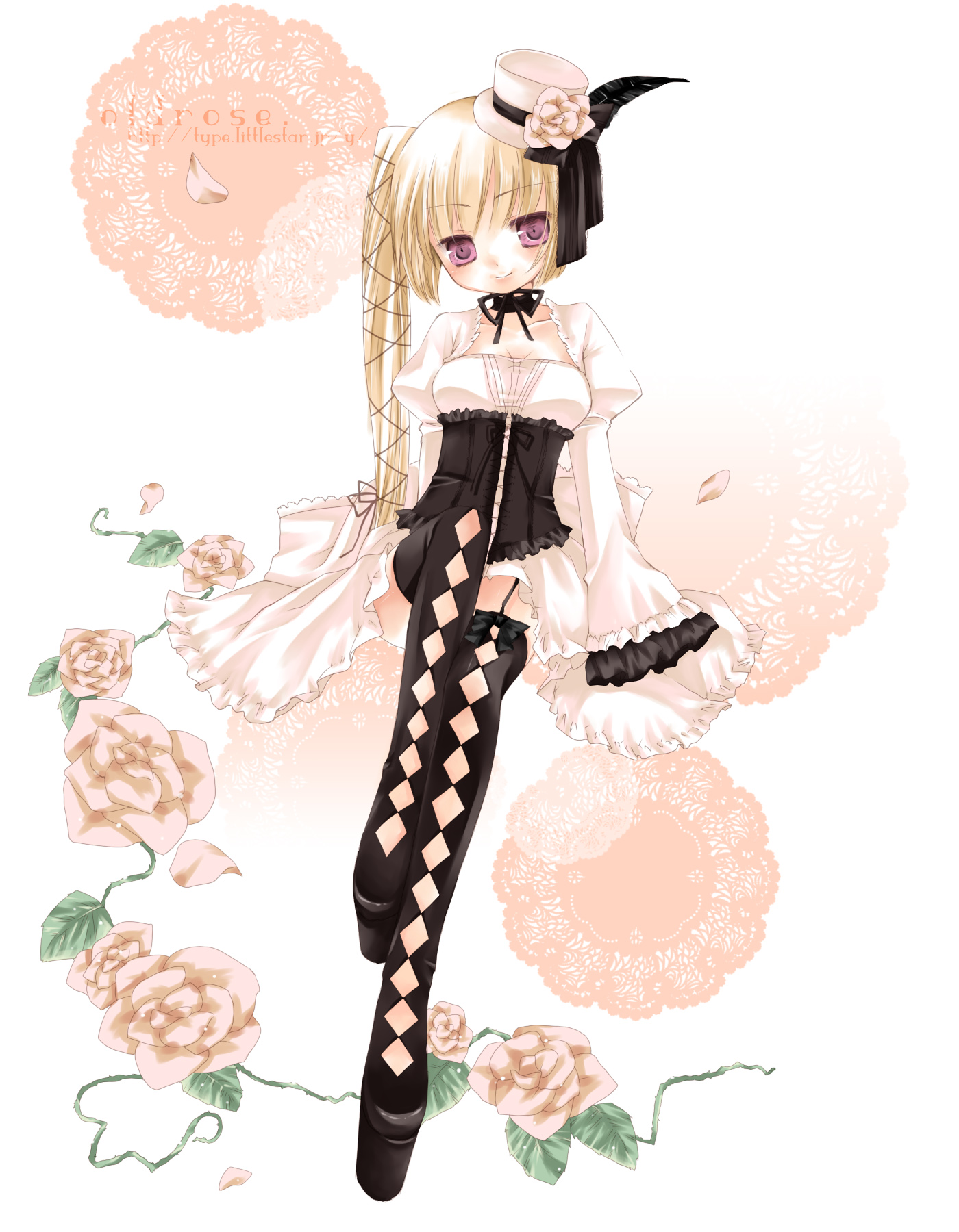 sakurai yuyu, bad id, bad pixiv id, highres, blonde hair, boots, goth fashion, hat, oldrose, red eyes, thighhighs, yuyu sakurai