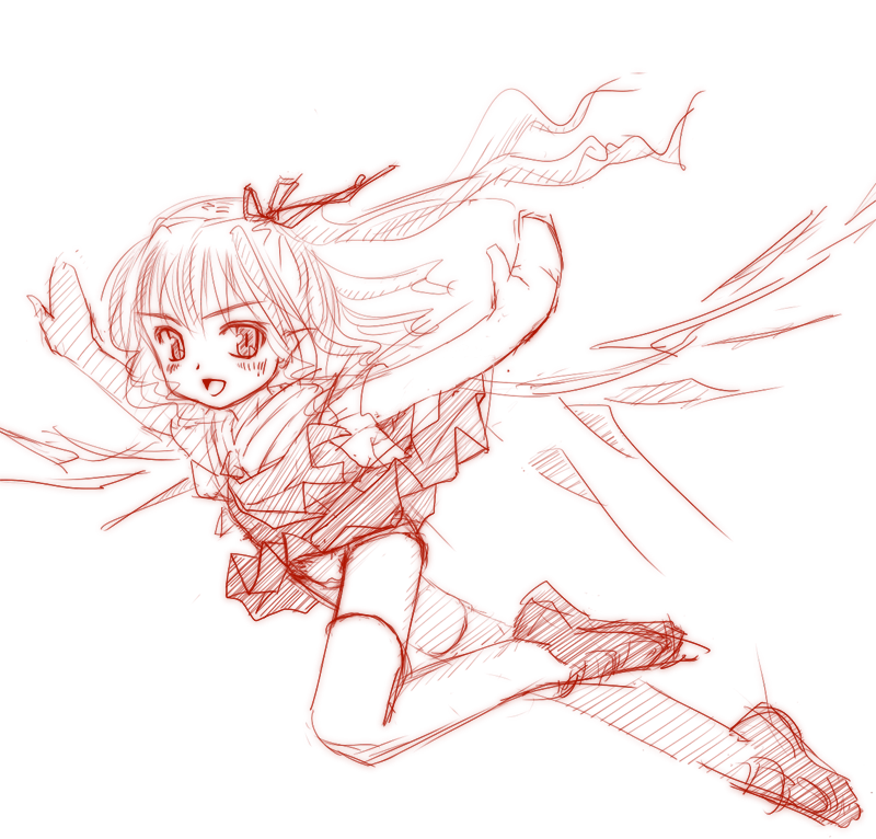 same no hito, flandre scarlet, touhou, traditional media, 1girl, female focus, monochrome, red theme, sketch, solo, thighhighs