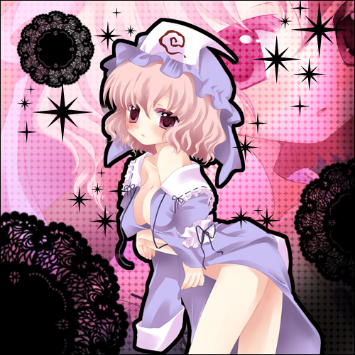 sakurai yuyu, saigyouji yuyuko, touhou, bad id, bad pixiv id, lowres, 1girl, breasts, dress, female focus, halftone, halftone background, hat, pink eyes, pink hair, solo, yuyu sakurai
