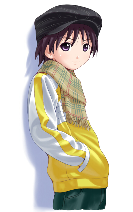 nekopuchi, kikuchi makoto, idolmaster, idolmaster (classic), gender request, 00s, androgynous, beret, brown hair, denim, hands in pockets, hat, jeans, pants, plaid clothes, plaid scarf, purple eyes, reverse trap, scarf, short hair, solo