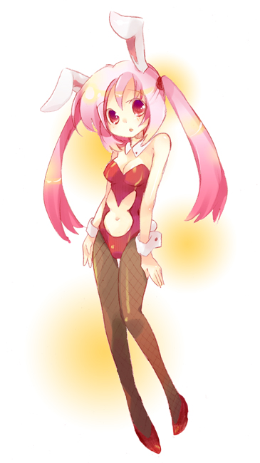 tachitsu teto, original, bad id, bad pixiv id, 1girl, animal ears, bare shoulders, breasts, cleavage, clothing cutout, detached collar, fake animal ears, female focus, fishnet pantyhose, fishnets, leotard, navel cutout, pantyhose, pink eyes, pink hair, playboy bunny, rabbit ears, simple background, small breasts, solo, thigh gap, twintails, wrist cuffs