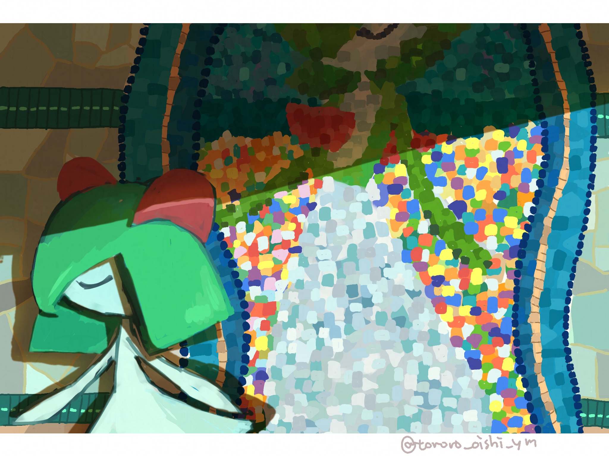 tororo oishi ym, gardevoir, kirlia, nintendo, pokemon, highres, artist name, closed eyes, colored skin, from side, gen 3 pokemon, green hair, horns, mosaic art, no humans, pokemon (creature), sidelocks, white skin