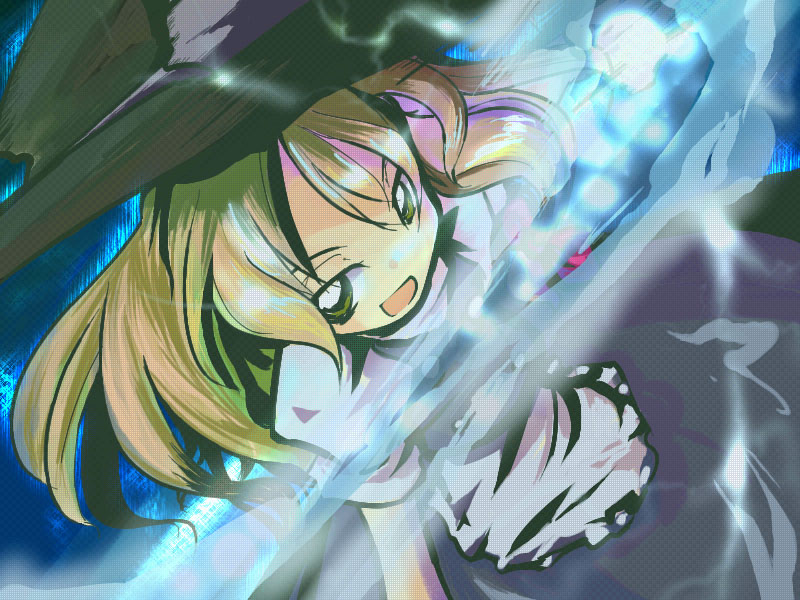 neki-t, kirisame marisa, touhou, 1girl, :d, apron, black dress, blonde hair, brown eyes, dress, electricity, female focus, from above, hat, looking at viewer, looking up, magic, open mouth, puffy short sleeves, puffy sleeves, short sleeves, smile, solo, waist apron, witch hat