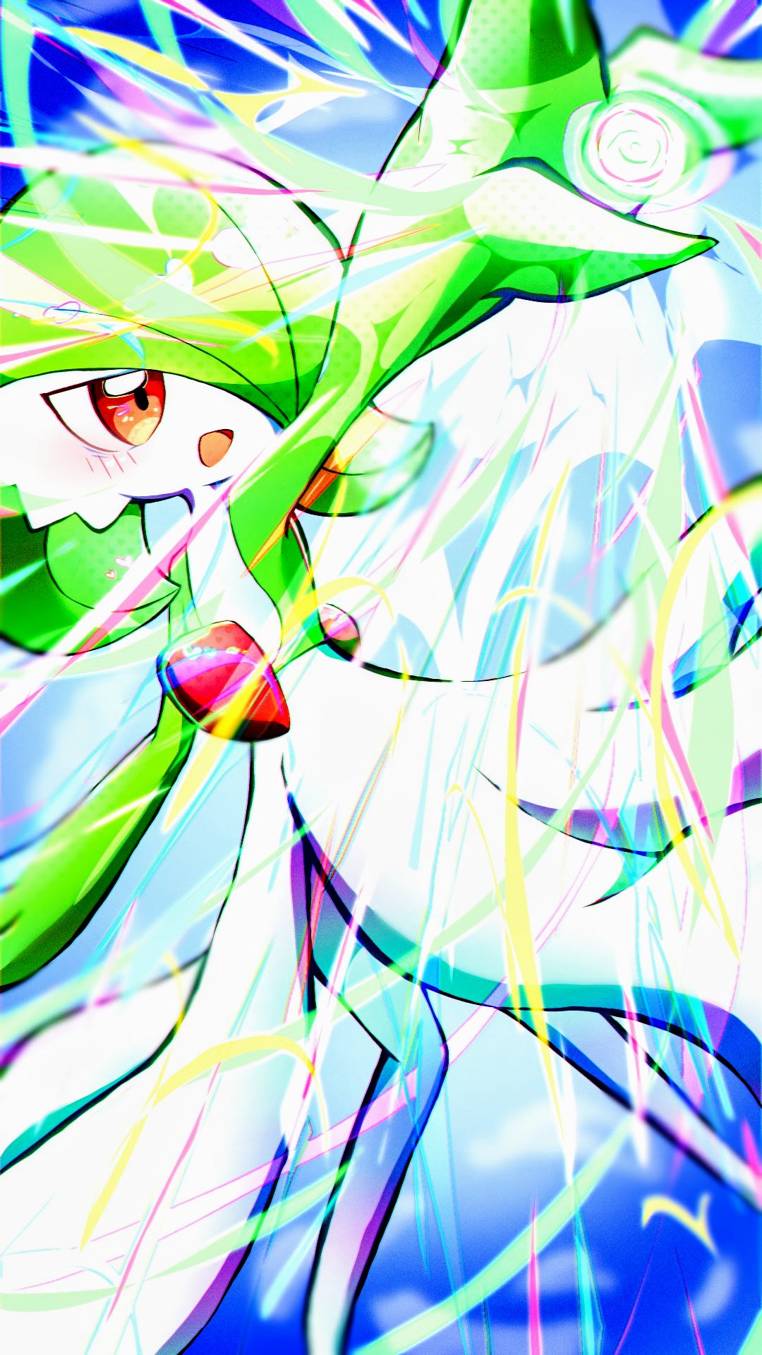 yuri (fl0werspace), gardevoir, nintendo, pokemon, highres, blush, bob cut, colored skin, dress, energy ball, gen 3 pokemon, green hair, green skin, hair over one eye, multicolored skin, open mouth, pink eyes, pokemon (creature), smile, two-tone skin, white dress, white skin