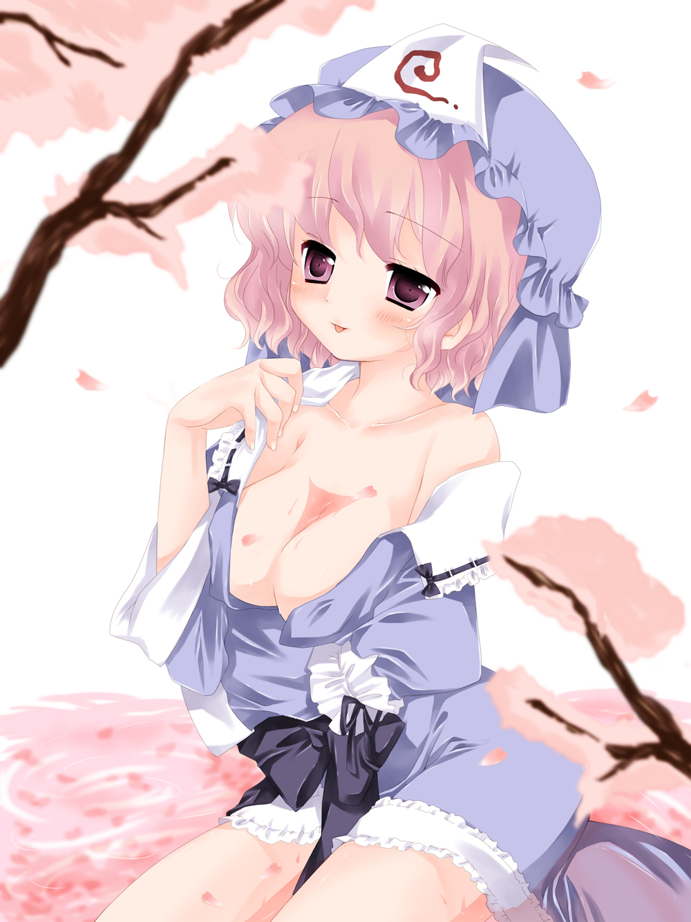sakurai yuyu, saigyouji yuyuko, touhou, bad id, bad pixiv id, highres, 1girl, breasts, dress, female focus, hat, nature, outdoors, plant, solo, yuyu sakurai