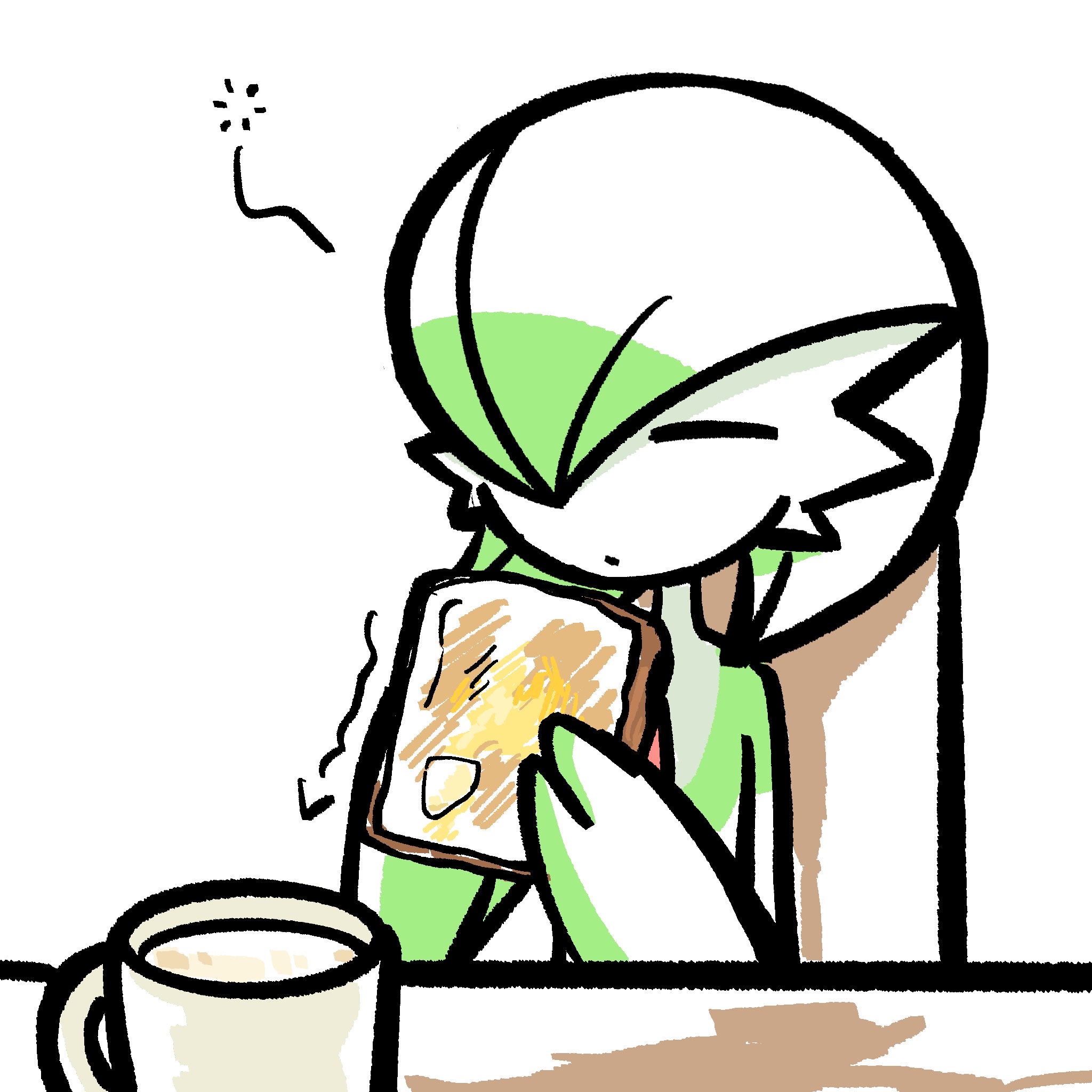mikanbouzuuu, gardevoir, nintendo, pokemon, highres, bob cut, bread, bread slice, closed eyes, colored skin, cup, food, gen 3 pokemon, green hair, green skin, hair over one eye, holding, holding food, mug, multicolored skin, pokemon (creature), simple background, toast, two-tone skin, white background, white skin