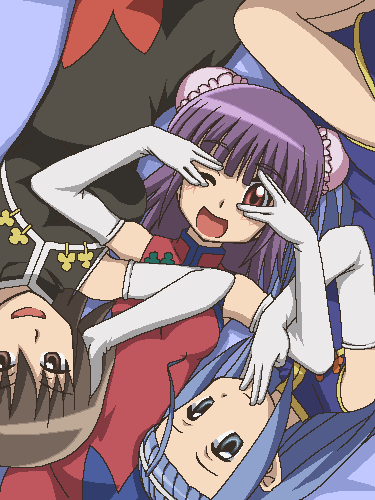 awa, asakaze risa, hanabishi miki, segawa izumi, hayate no gotoku!, lowres, 00s, 3girls, ahoge, bare shoulders, blue eyes, blue hair, brown eyes, brown hair, china dress, chinese clothes, dress, elbow gloves, gloves, hair bun, hairband, jaggy lines, long hair, multiple girls, oekaki, one eye closed, purple hair, red eyes, single hair bun, wink