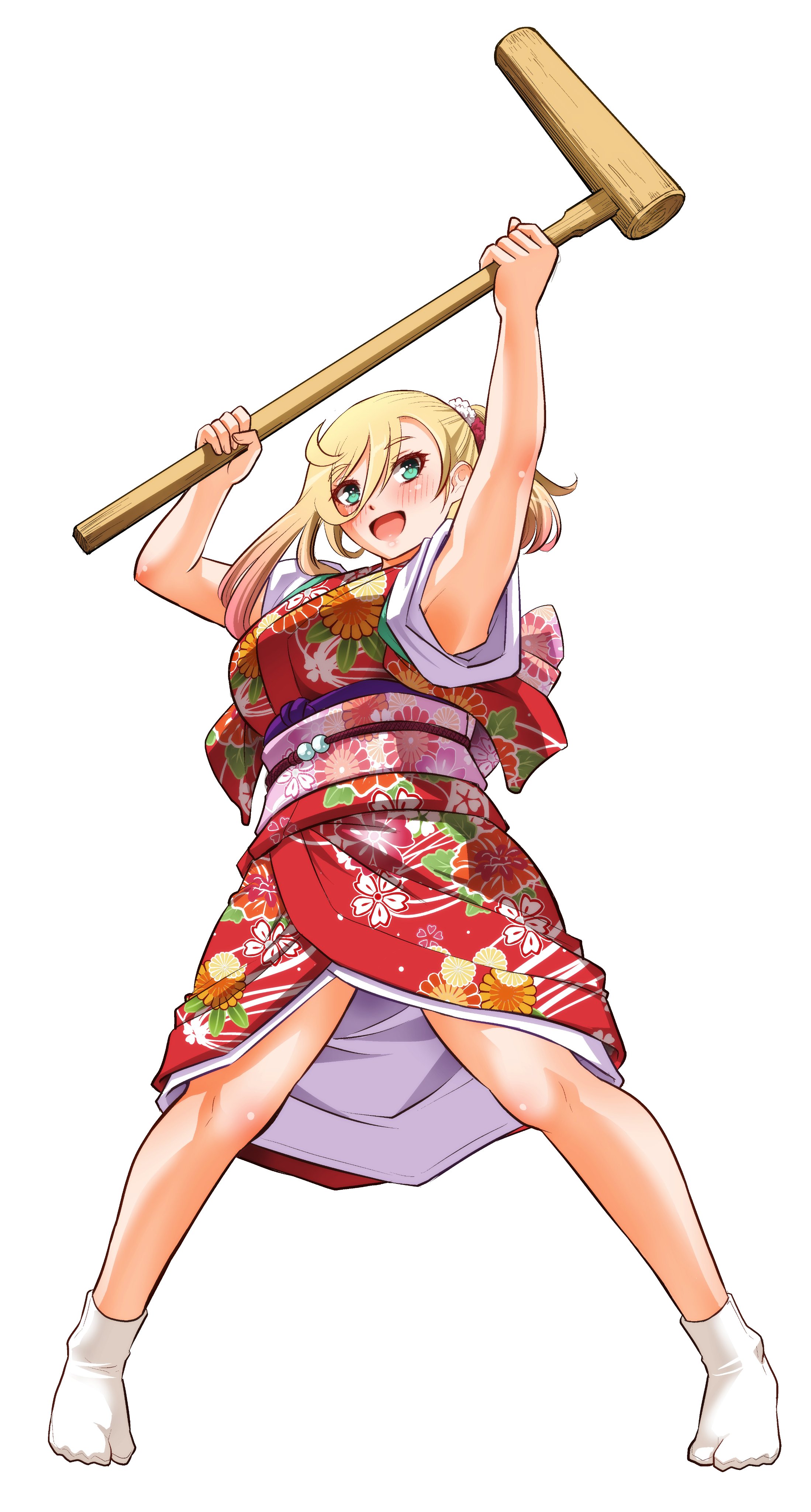 sogabe toshinori, kuzuryuu hanako, yankee jk kuzuhana-chan, absurdres, commentary request, highres, official art, second-party source, 1girl, armpits, arms up, bare arms, blonde hair, blush, breasts, full body, green eyes, holding, holding above head, japanese clothes, kimono, kine, large breasts, long hair, mallet, no shoes, obi, open mouth, pink sash, red kimono, sash, simple background, smile, socks, solo, white background, white socks