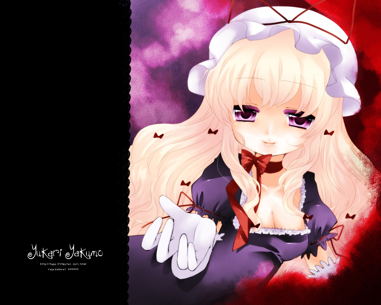sakurai yuyu, yakumo yukari, touhou, bad id, bad pixiv id, 1girl, blonde hair, bow, breasts, character name, choker, cleavage, female focus, gloves, hair bow, half-closed eyes, hat, hat ribbon, long hair, mob cap, multiple hair bows, parted lips, pink eyes, puffy short sleeves, puffy sleeves, red ribbon, ribbon, ribbon choker, short sleeves, sidelocks, solo, upper body, white gloves, yuyu sakurai