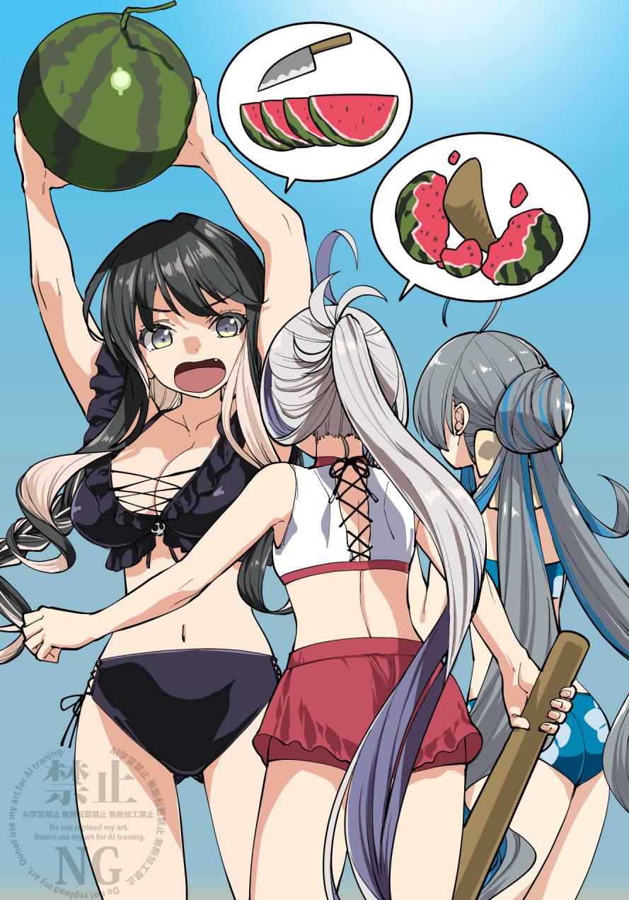 ifuji shinsen, asashimo (kancolle), kiyoshimo (kancolle), kiyoshimo kai ni (kancolle), kiyoshimo kai ni (swimsuit) (kancolle), naganami (kancolle), naganami kai ni (kancolle), kantai collection, highres, 3girls, ahoge, arms up, bikini, black bikini, black hair, blue background, blue bikini, blue hair, braid, breasts, criss-cross straps, fang, feet out of frame, floral print, food, frilled bikini, frills, from behind, fruit, grey eyes, grey hair, hair bun, large breasts, long hair, low twin braids, low twintails, multicolored hair, multiple girls, naganami kai ni (swimsuit) (kancolle), open mouth, pink hair, ponytail, side-tie bikini bottom, spoken food, stick, streaked hair, suikawari, swimsuit, twin braids, twintails, two-tone hair, watermelon, wavy hair