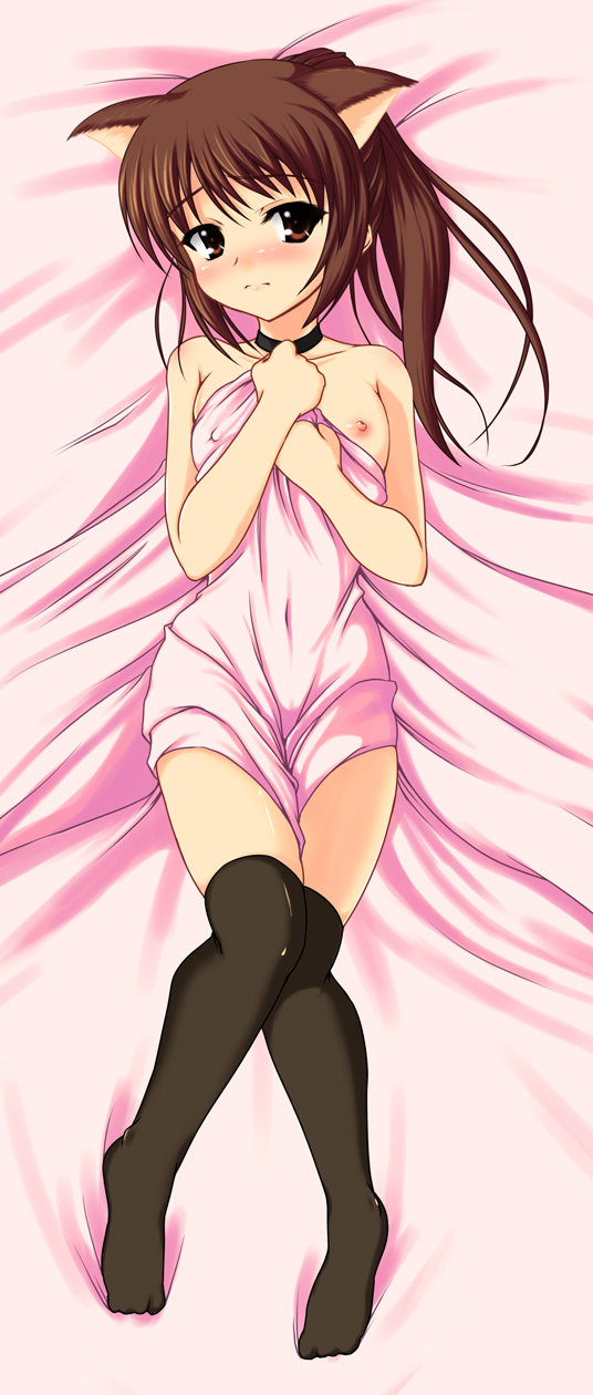 johnny (from scratch), kyon, kyonko, suzumiya haruhi no yuuutsu, highres, 00s, 1girl, animal ears, bed, bed sheet, black thighhighs, blush, breasts, brown eyes, brown hair, cat ears, choker, covered erect nipples, covering privates, dakimakura (medium), feet, female focus, flat chest, full body, genderswap, genderswap (mtf), long hair, lying, naked sheet, nipple slip, nipples, no bra, no panties, on back, ponytail, sheet grab, solo, thighhighs