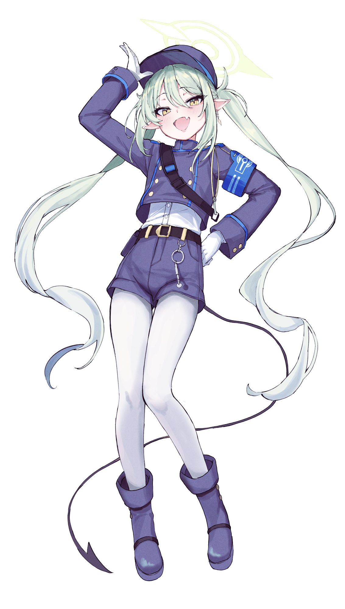 ahneato, nozomi (blue archive), blue archive, highres, 1girl, armband, black tail, blue armband, buttons, demon tail, double-breasted, fang, full body, green hair, green halo, halo, hand on own hip, hat, long hair, looking at viewer, pantyhose, peaked cap, pointy ears, shorts, skin fang, smile, solo, tail, train conductor, twintails, white background, white pantyhose