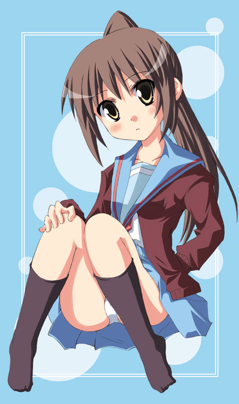 k hiro, kyon, kyonko, suzumiya haruhi no yuuutsu, 00s, 1girl, cardigan, female focus, full body, genderswap, genderswap (mtf), kneehighs, panties, ponytail, school uniform, serafuku, skirt, socks, solo, thighhighs, underwear
