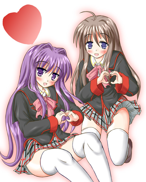 hiiragi tomoka, fujibayashi kyou, miyazawa yukine, clannad, 00s, ahoge, brown hair, heart, heart hands, long hair, purple eyes, purple hair, school uniform, serafuku, thighhighs