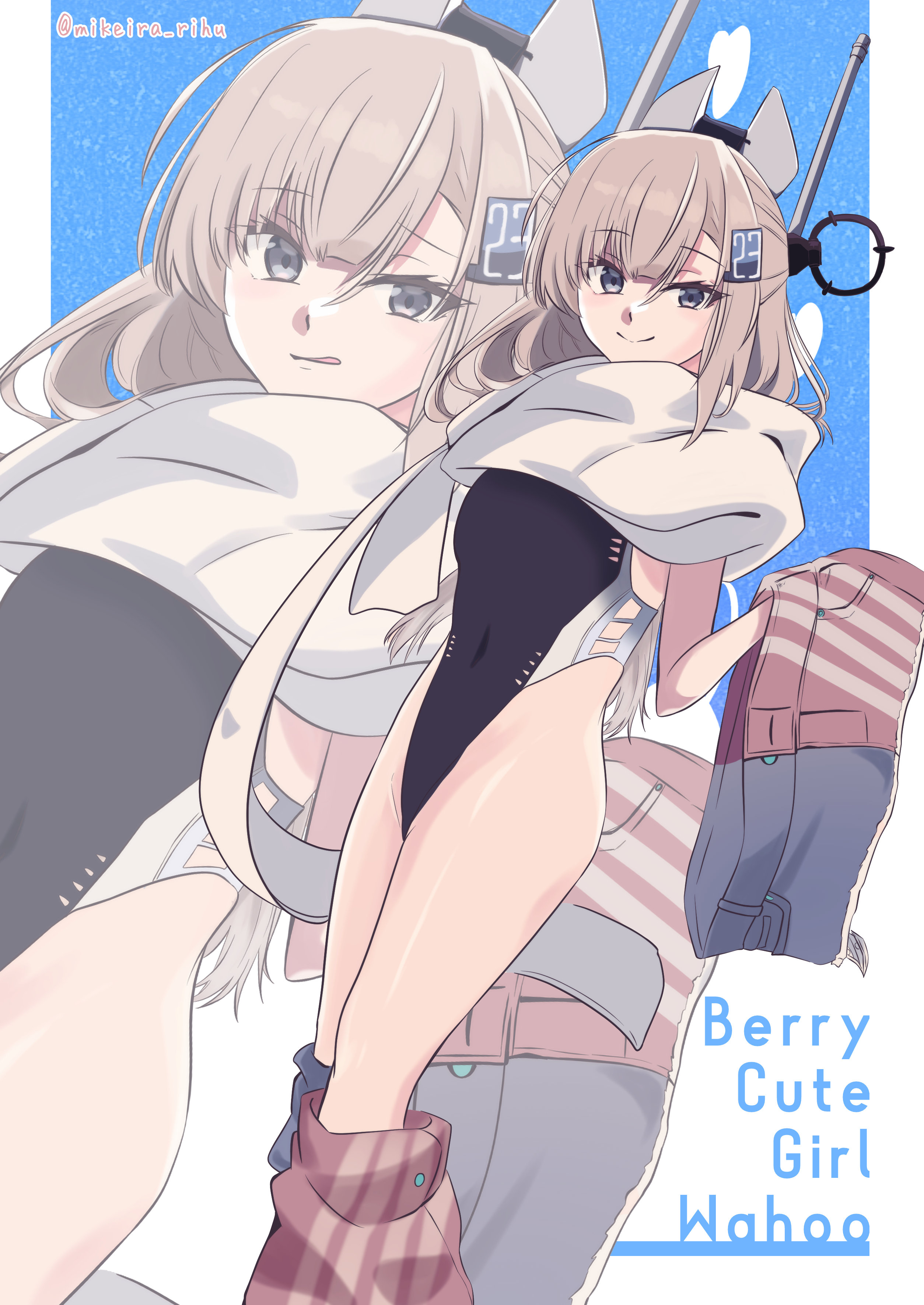mikeira rihu, wahoo (kancolle), kantai collection, absurdres, highres, 1girl, american flag, american flag print, american flag skirt, black one-piece swimsuit, character name, denim, denim skirt, feet out of frame, flag print, grey eyes, grey hair, headgear, highleg, highleg one-piece swimsuit, holding, holding unworn clothes, holding unworn skirt, long hair, looking at viewer, one-piece swimsuit, print skirt, scarf, skirt, solo, standing, super highleg, swimsuit, two-tone one-piece swimsuit, unworn skirt, white scarf, zoom layer