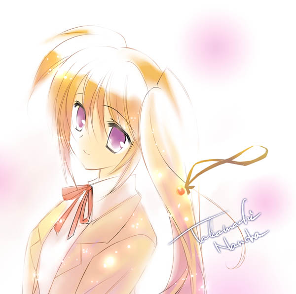 rei (artist), rei (rei's room), raising heart, raising heart (standby mode), takamachi nanoha, lyrical nanoha, mahou shoujo lyrical nanoha, mahou shoujo lyrical nanoha strikers, 00s, 1girl, blonde hair, character name, collared shirt, dress shirt, female focus, jacket, long sleeves, looking at viewer, open clothes, open jacket, purple eyes, red ribbon, ribbon, school uniform, shirt, side ponytail, solo, upper body, white shirt