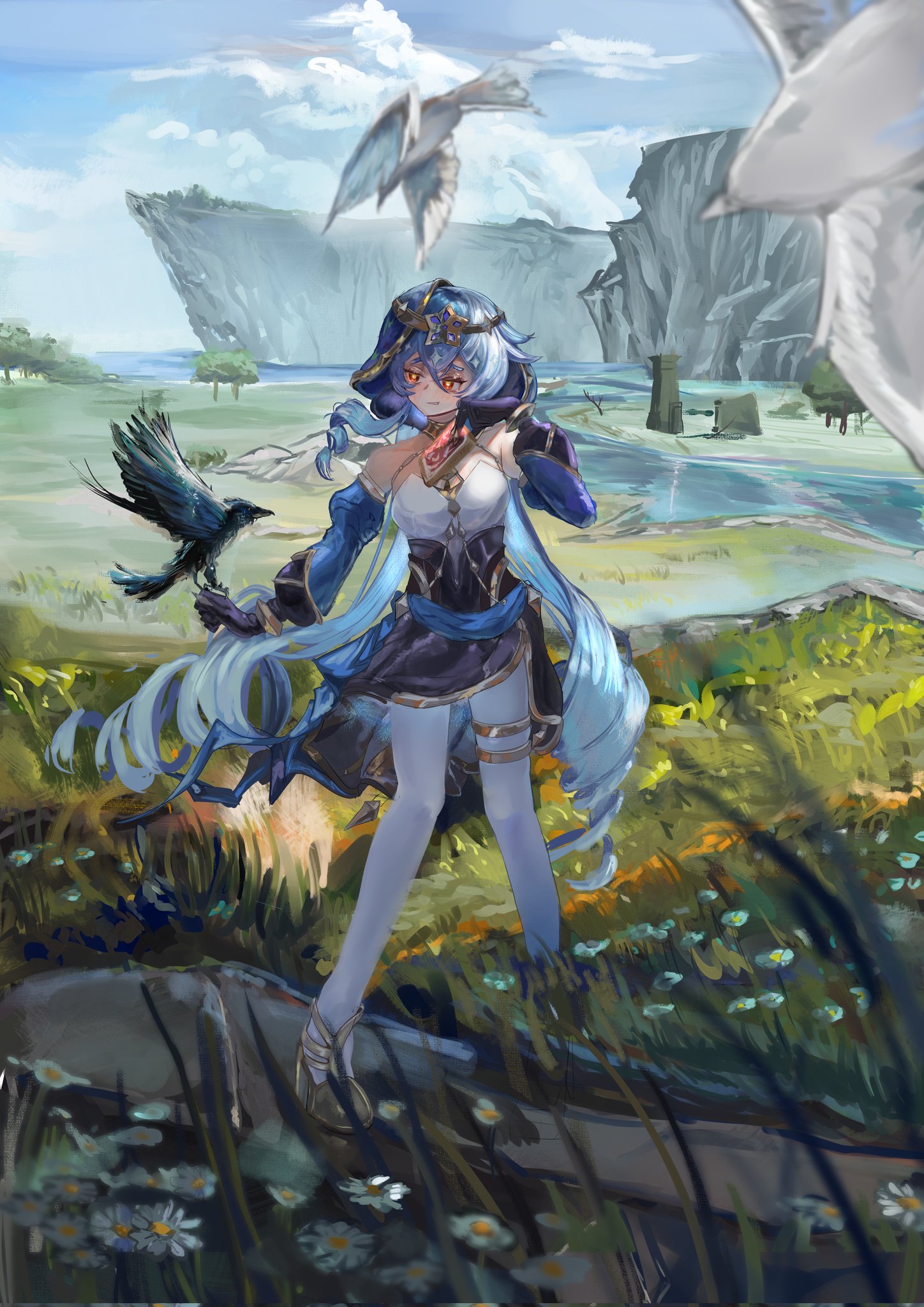 layla (genshin impact), genshin impact, commentary, highres, 1girl, bare shoulders, bird, bird on hand, black gloves, blue hair, blue hood, blue sky, blue sleeves, blurry, blurry foreground, bracelet, breasts, bright pupils, claw ring, cloud, cloudy sky, crow, detached sleeves, drill hair, drill sidelocks, flower, full body, gloves, gold shoes, gold trim, grass, hand up, high heels, hood, hood up, jewelry, juliet sleeves, long hair, long sleeves, looking at animal, mountain, on grass, outdoors, pantyhose, pointy ears, puffy sleeves, river, shirt, shoes, sidelocks, sky, small breasts, smile, solo, standing, thighlet, twin drills, uwaaatsutsuaa, very long hair, white pantyhose, white pupils, white shirt, wind, yellow eyes