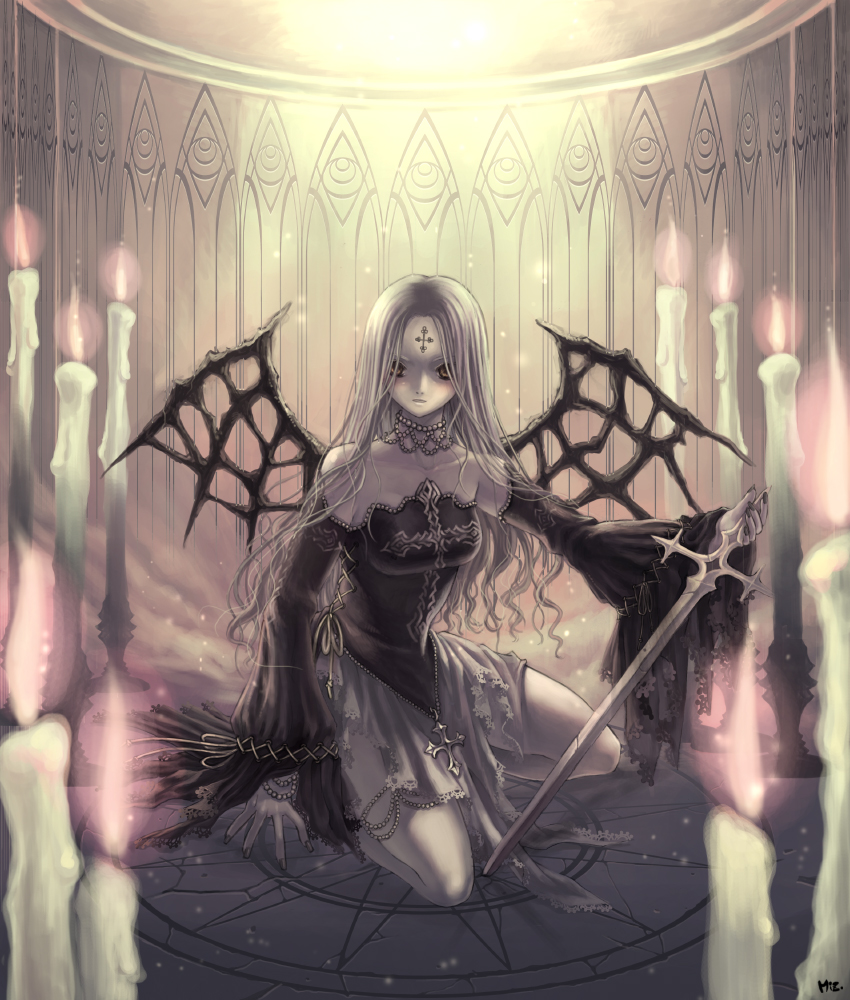 mizusawa hikaru, original, bare shoulders, candle, long hair, solo, sword, weapon, wings
