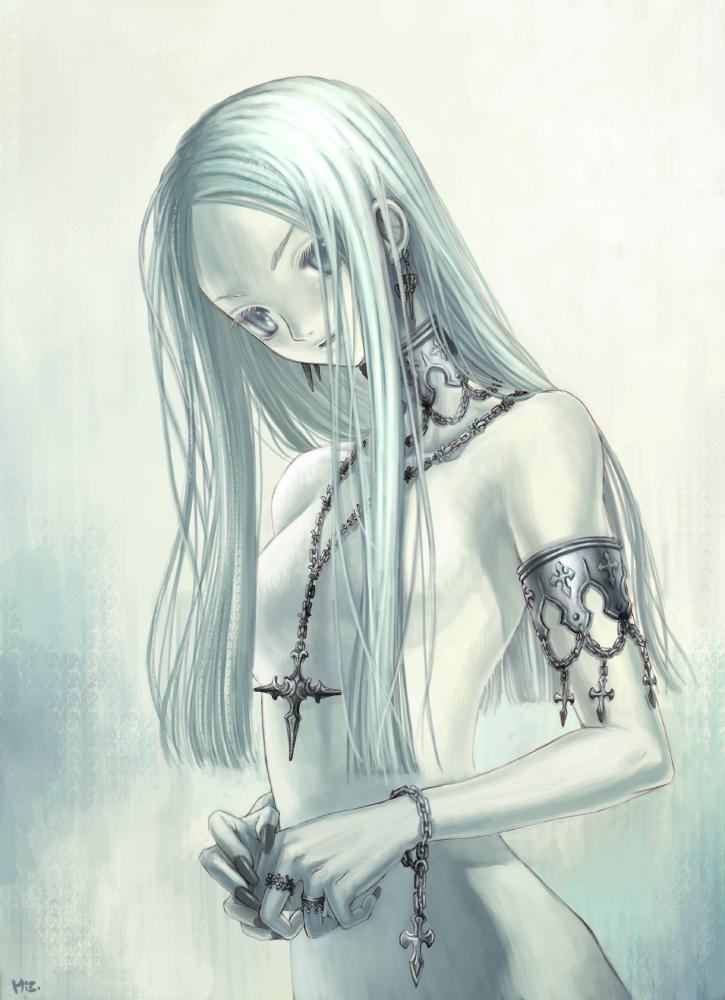 mizusawa hikaru, original, silver hair, armlet, cross, earrings, eyelashes, fingernails, grey eyes, head tilt, jewelry, latin cross, long fingernails, long hair, monochrome, nail polish, necklace, nude, own hands together, ring, solo