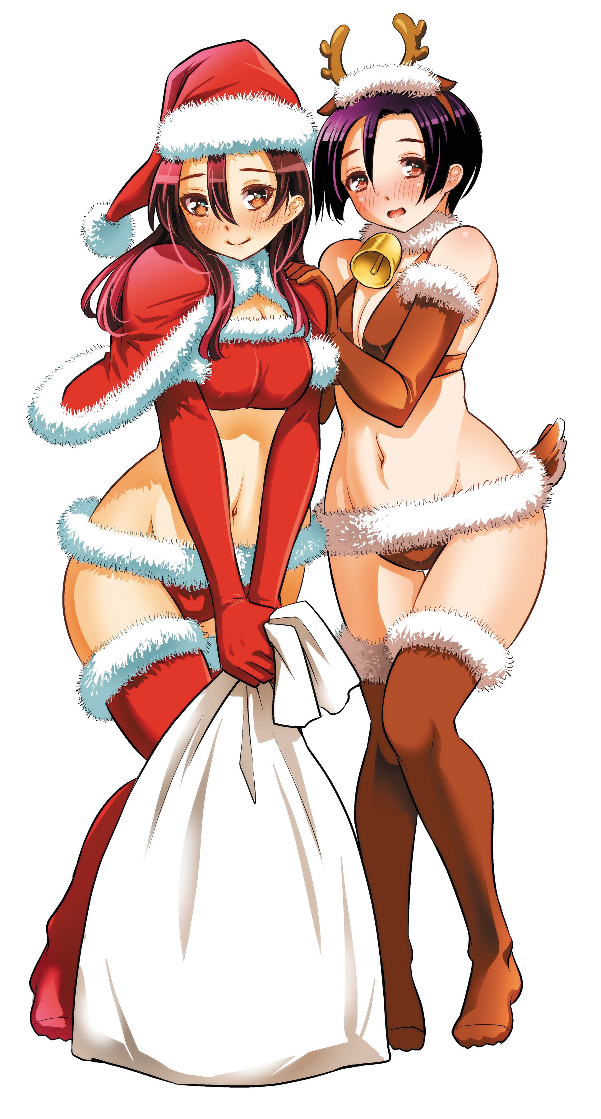 sogabe toshinori, tsuruhashi madoka, yankee jk kuzuhana-chan, absurdres, commentary request, highres, second-party source, 2girls, animal costume, bare shoulders, bell, bikini, blush, boots, breasts, brown bikini, brown boots, brown gloves, brown tail, capelet, cleavage, elbow gloves, fake antlers, fake tail, full body, fur-trimmed boots, fur-trimmed capelet, fur-trimmed gloves, fur trim, gloves, hat, holding, holding sack, kodera aoi, long hair, looking at viewer, medium breasts, multiple girls, navel, neck bell, open mouth, purple hair, red bikini, red boots, red capelet, red eyes, red gloves, red hair, red hat, reindeer costume, sack, santa bikini, santa costume, santa hat, short hair, simple background, smile, stomach, swimsuit, tail, thigh boots, white background