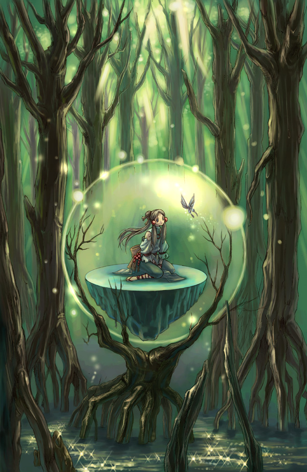 mizusawa hikaru, original, 1girl, bug, butterfly, fantasy, female focus, floating, forest, insect, nature, orb, scenery, solo, sparkle, tree, water