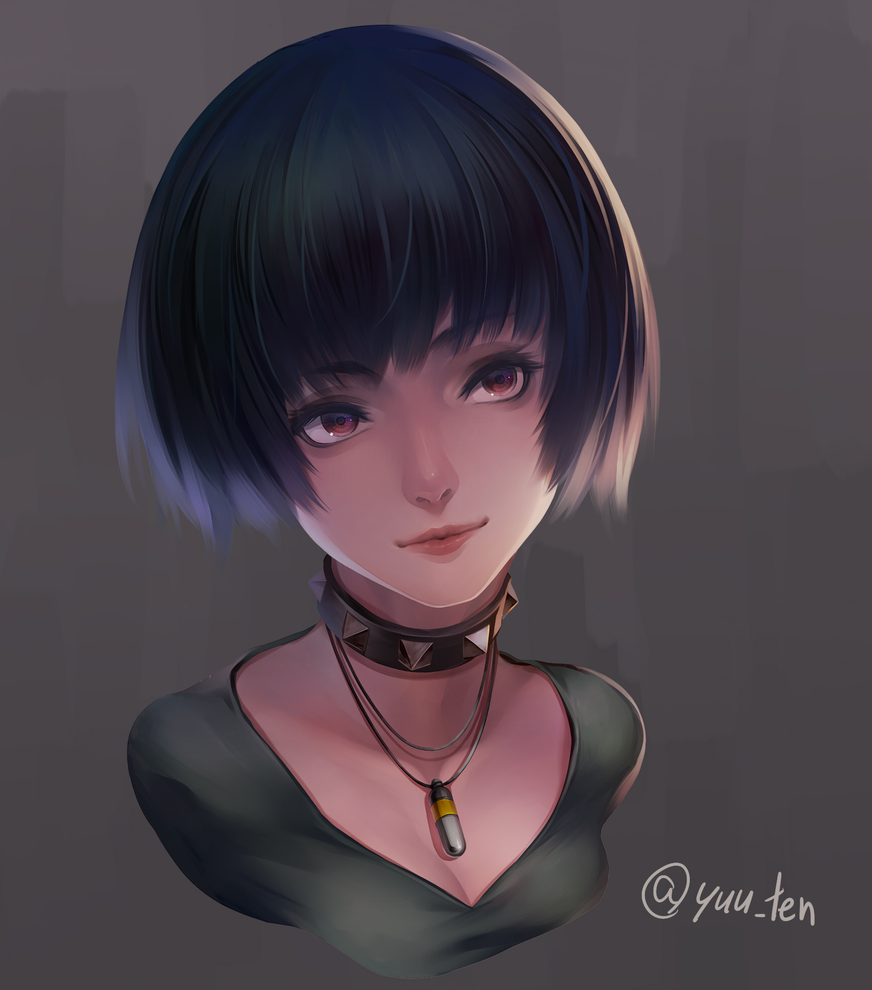 yuuten, takemi tae, persona, persona 5, commentary request, highres, 1girl, black hair, bob cut, breasts, choker, cleavage, closed mouth, cropped shirt, eyelashes, grey shirt, jewelry, lips, necklace, nostrils, realistic, shirt, short hair, simple background, solo, studded choker