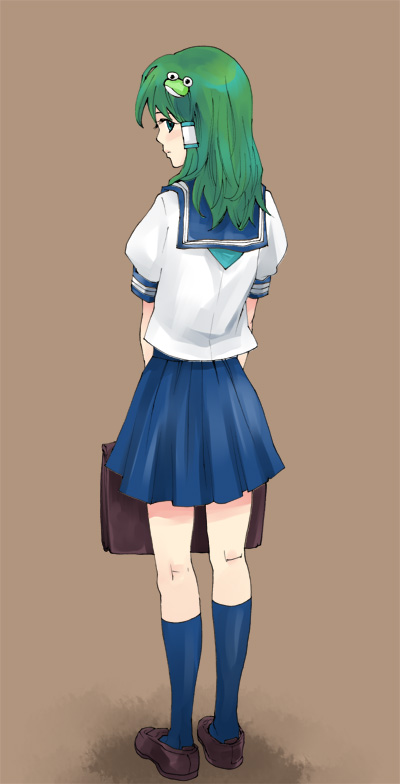 kuma (artist), kuma (crimsonvanilla), kochiya sanae, touhou, 1girl, alternate costume, blue eyes, blue sailor collar, blue skirt, blue socks, female focus, full body, holding, kneehighs, loafers, long sleeves, sailor collar, school uniform, serafuku, shirt, shoes, skirt, socks, solo, standing, white shirt