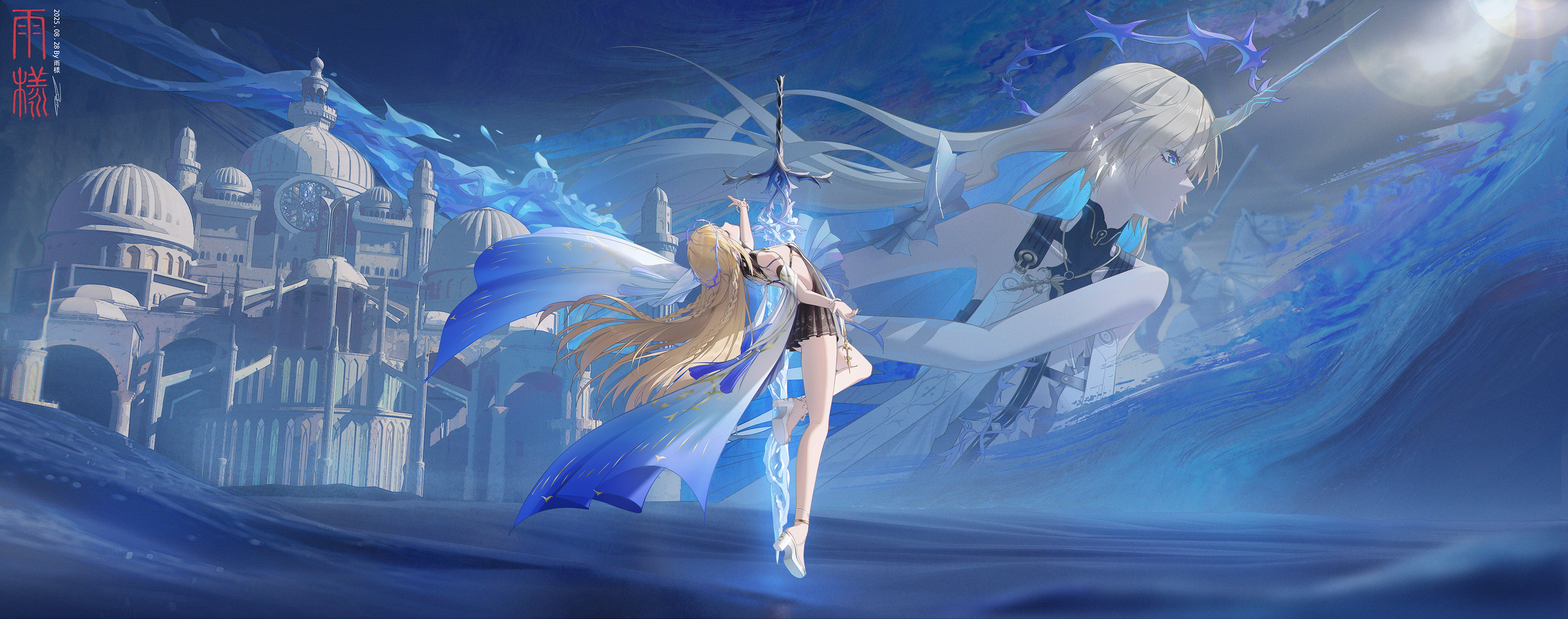 rain sama, cartethyia (wuthering waves), fleurdelys (wuthering waves), wuthering waves, facing up, absurdres, highres, 2girls, arched back, arm up, bare legs, bare shoulders, black collar, black dress, blonde hair, blue eyes, blue hair, breasts, closed eyes, collar, colored inner hair, crown of thorns, dress, dual persona, floating, high heels, holding, holding sword, holding weapon, horns, leaning back, leg up, legs, long hair, looking ahead, missing commentary, multicolored hair, multiple girls, shoes, single horn, small breasts, sword, thighs, weapon, white shoes, yellow horns