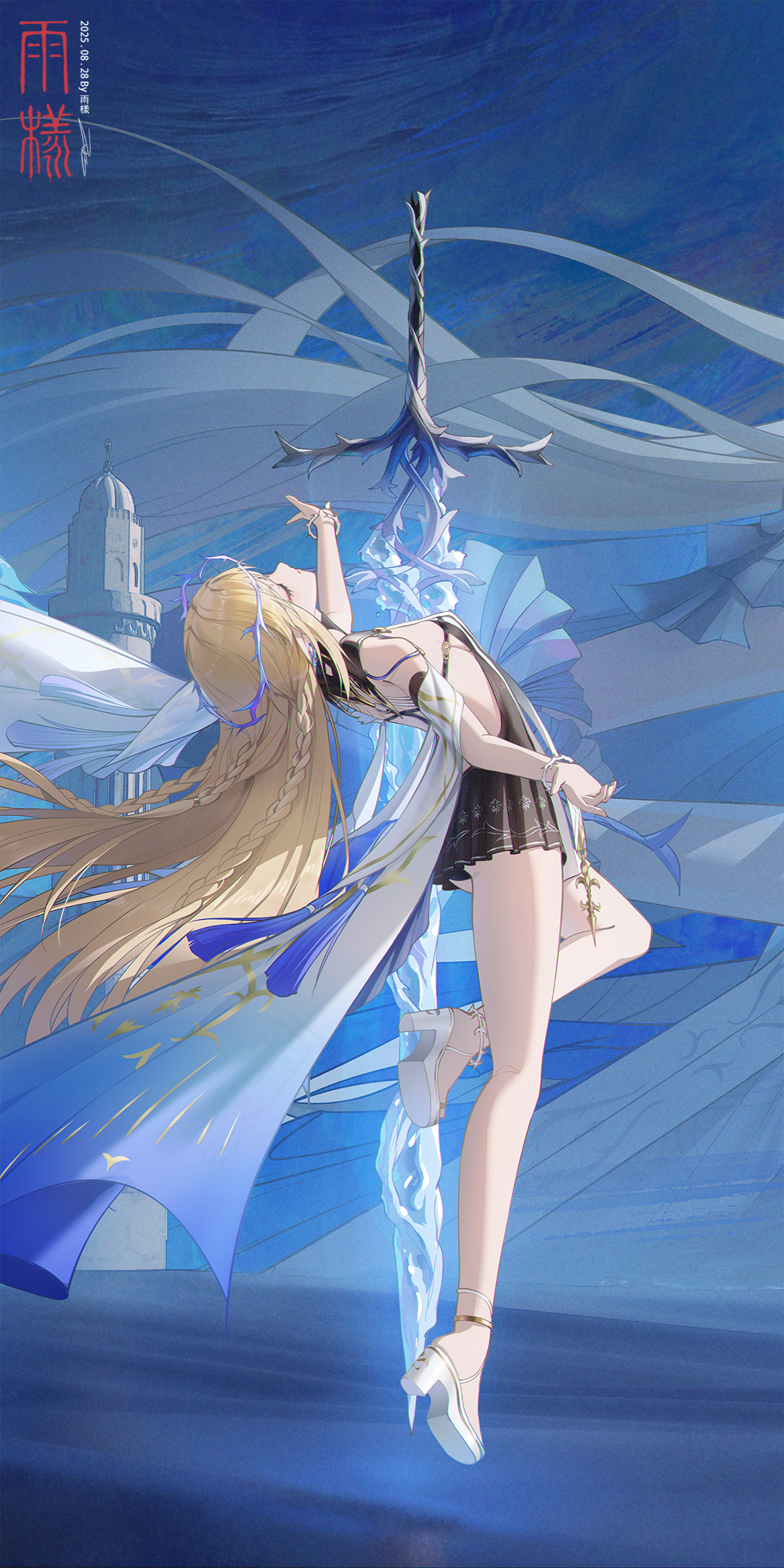 rain sama, cartethyia (wuthering waves), fleurdelys (wuthering waves), wuthering waves, facing up, highres, 2girls, arched back, arm up, bare legs, bare shoulders, black collar, black dress, blonde hair, breasts, closed eyes, collar, dress, dual persona, floating, high heels, leaning back, leg up, legs, long hair, missing commentary, multiple girls, shoes, small breasts, solo focus, sword, thighs, weapon, white shoes
