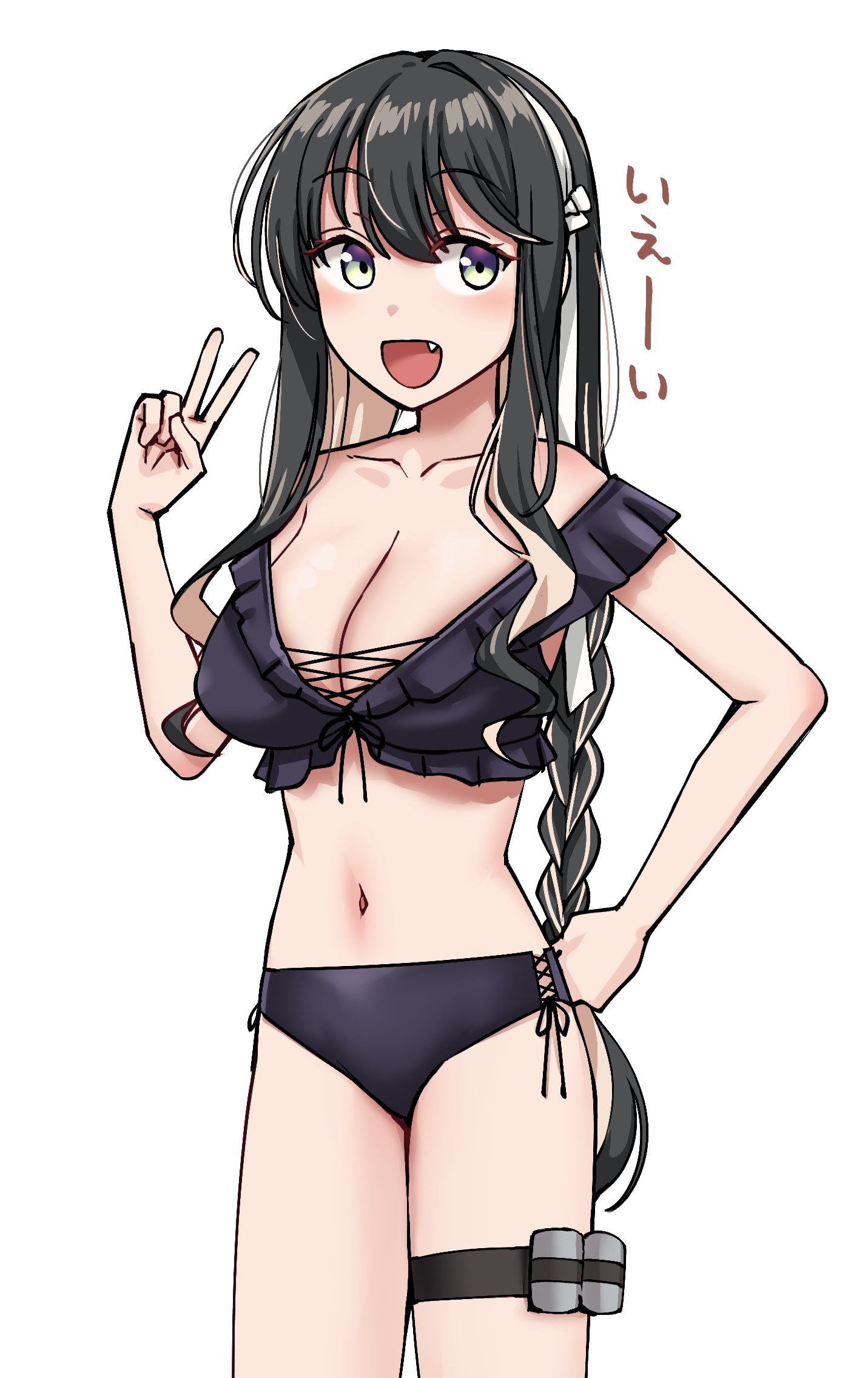 kiritto, naganami (kancolle), naganami kai ni (kancolle), kantai collection, commentary request, highres, 1girl, bikini, black bikini, black hair, braid, breasts, criss-cross straps, depth charge, fang, frilled bikini, frills, front-tie bikini top, front-tie top, gradient eyes, hairband, hand on own hip, large breasts, long hair, low twin braids, multicolored eyes, multicolored hair, naganami kai ni (swimsuit) (kancolle), navel, open mouth, pink hair, side-tie bikini bottom, simple background, smile, solo, swimsuit, twin braids, two-tone hair, v, wavy hair, white background, white hairband, yellow eyes