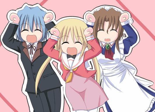 jun (aoerm), ayasaki hayate, maria (hayate no gotoku!), sanzen'in nagi, hayate no gotoku!, animated, animated gif, 00s, 1boy, 2girls, caramelldansen, folded ponytail, multiple girls