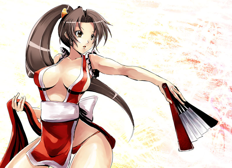 gin'ichi (akacia), ginichi, shiranui mai, fatal fury, snk, the king of fighters, 1girl, breasts, breasts apart, cleavage, female focus, folding fan, grey hair, hand fan, large breasts, loincloth, long hair, lowleg, lowleg panties, panties, pelvic curtain, ponytail, red panties, revealing clothes, rope, solo, underwear, yellow eyes