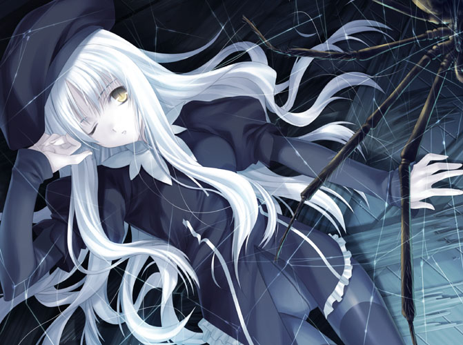 hagure keg, caren hortensia, fate/hollow ataraxia, fate/stay night, fate (series), 00s, bug, layered sleeves, pantyhose, solo, spider, white hair, yellow eyes