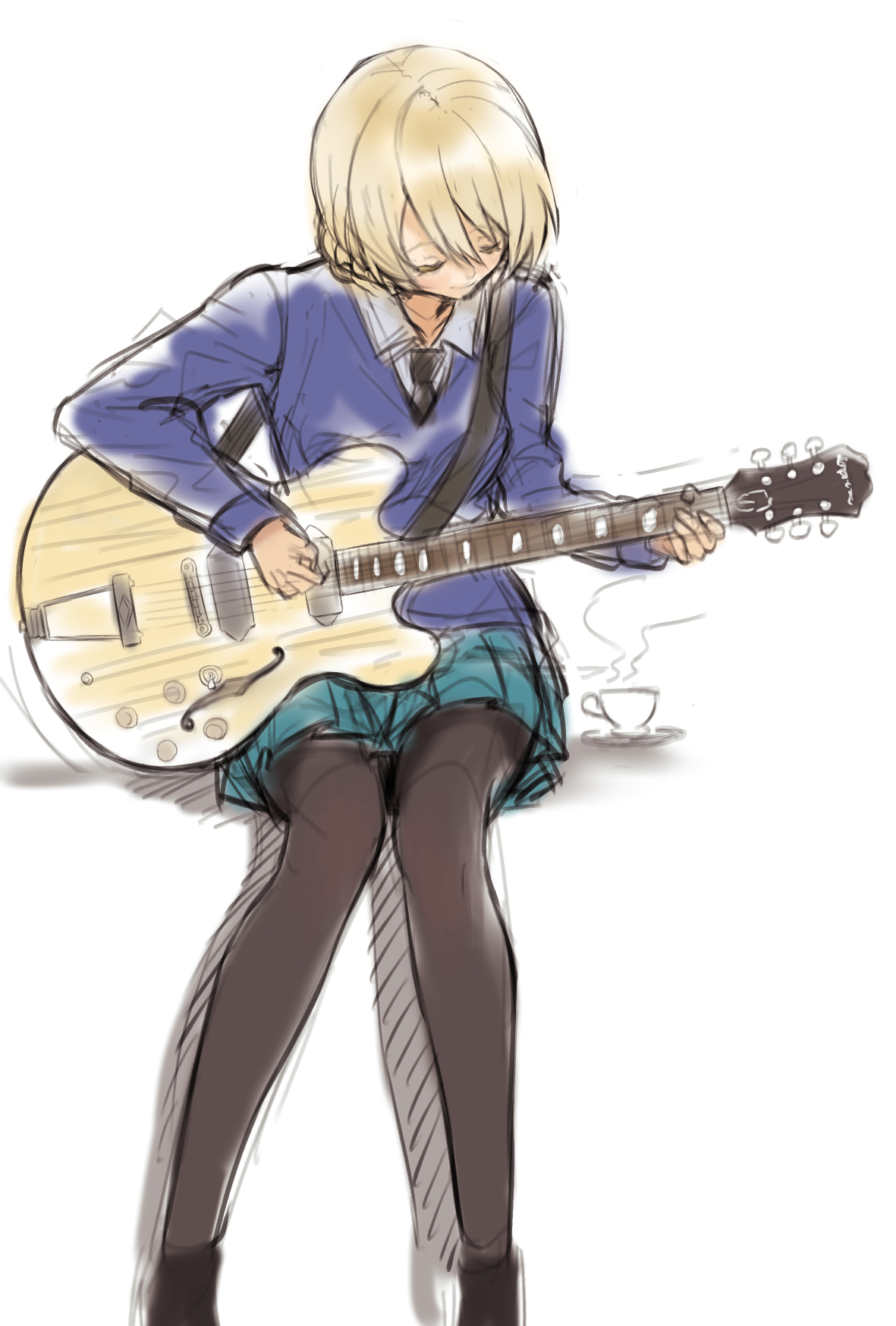 mamu t7s, darjeeling (girls und panzer), girls und panzer, highres, unfinished, 1girl, black necktie, blonde hair, blue skirt, blue sweater, braid, closed eyes, collared shirt, cup, dress shirt, electric guitar, gibson les paul, guitar, holding, holding guitar, holding instrument, instrument, long hair, long sleeves, miniskirt, nape braid, necktie, pleated skirt, school uniform, shirt, short hair, simple background, skirt, smile, solo, st. gloriana's school uniform, sweater, teacup, thighhighs, v-neck, white background, white shirt