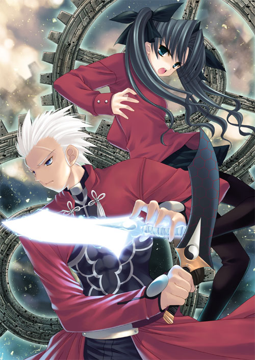 hagure keg, archer (fate), tohsaka rin, fate/stay night, fate (series), 00s, 1boy, 1girl, black hair, blue eyes, dark-skinned male, dark skin, hair ribbon, kanshou & bakuya (fate), long hair, ribbon, sword, thighhighs, twintails, two side up, weapon