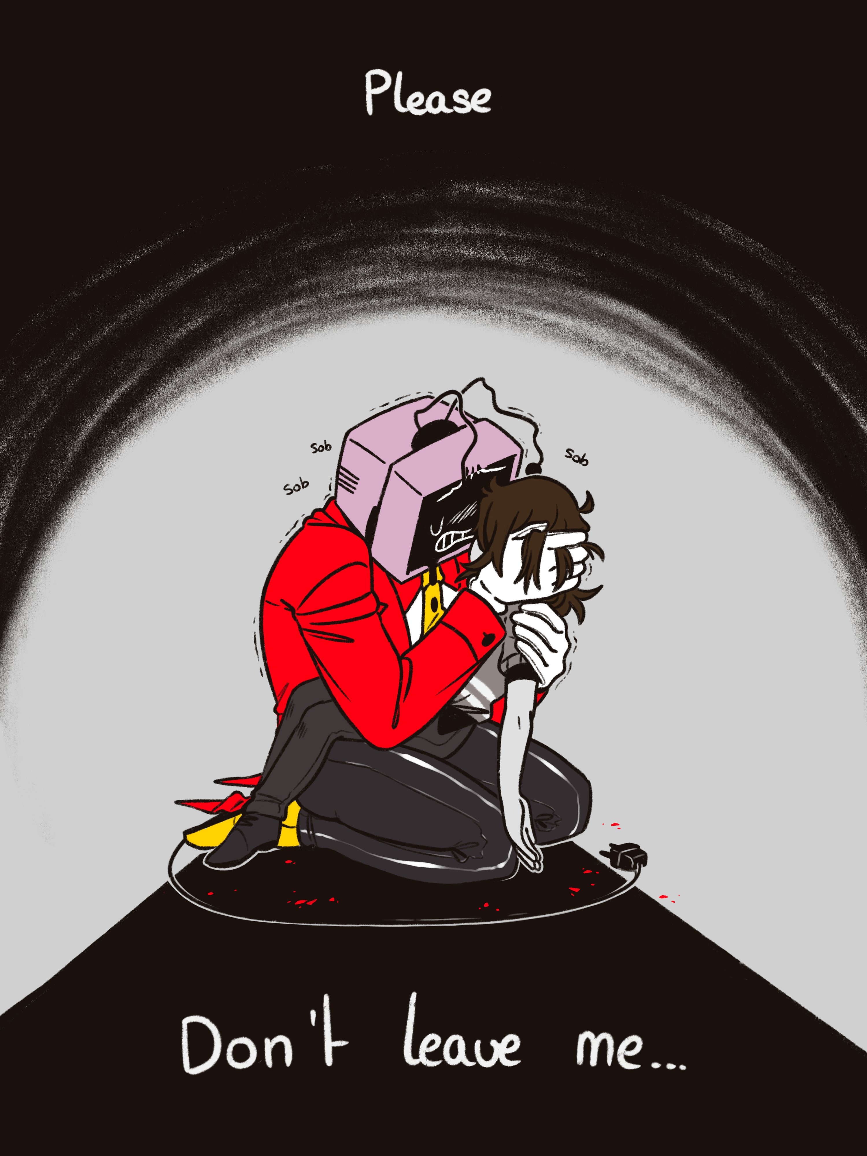 ant tenna, vessel (deltarune), deltarune, utdr (toby fox), absurdres, commentary, english commentary, highres, 1boy, 1girl, black pants, brown hair, colored skin, crt, electric plug, electric plug tail, english text, gloves, grey skin, grey sweater, hand in another's hair, hand on another's arm, kneeling, necktie, object head, pants, pipispaints, radio antenna, shoes, sweater, tail, tailcoat, trembling, undershirt, white gloves, yellow necktie, yellow shoes