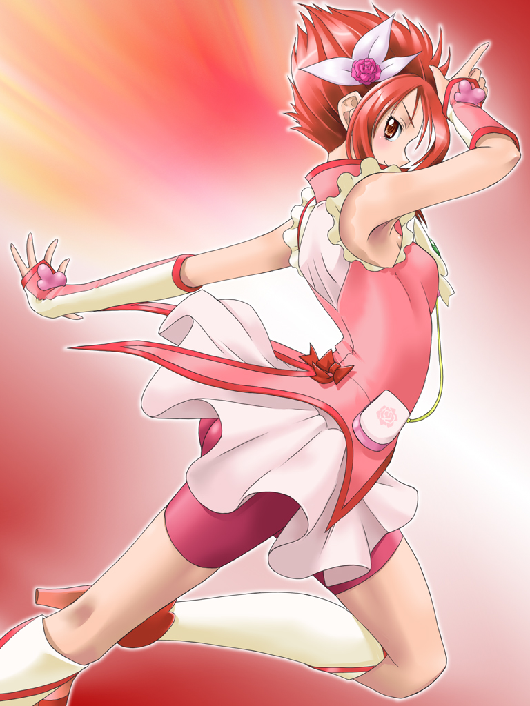 yaso shigeru, cure rouge, natsuki rin, precure, yes! precure 5, yes! precure 5 gogo!, 00s, 1girl, armpits, female focus, magical girl, red background, red eyes, red hair, red shorts, red theme, short hair, shorts, shorts under skirt, solo, spiked hair