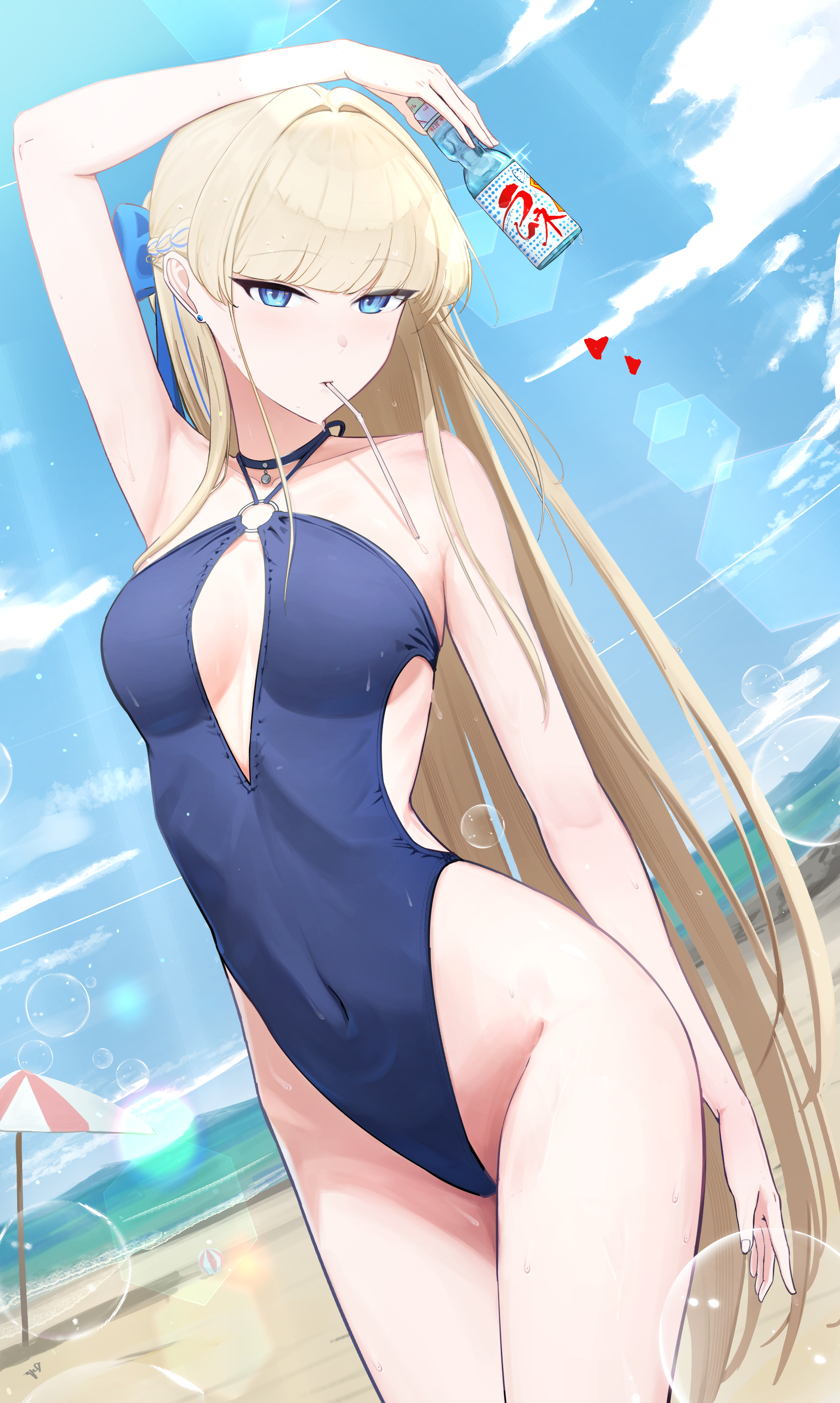 mola (mola526), toki (blue archive), blue archive, absurdres, highres, 1girl, alternate costume, armpits, beach, blonde hair, blue bow, blue eyes, blue halo, bow, braid, covered navel, drinking straw, half up braid, halo, highleg, highleg one-piece swimsuit, long hair, o-ring, o-ring swimsuit, ocean, one-piece swimsuit, ramune, solo, swimsuit
