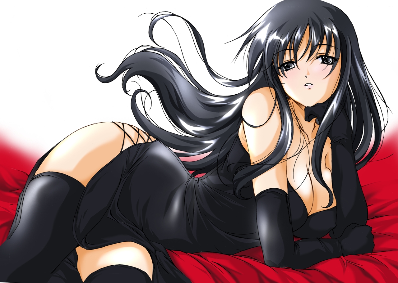 ayakaze ryuushou, 1girl, arm support, bare shoulders, bed, black dress, black eyes, black gloves, black hair, black thighhighs, breasts, cleavage, dress, elbow gloves, female focus, formal clothes, gloves, head rest, large breasts, lips, long hair, lying, on side, side slit, solo, strapless, strapless dress, thighhighs, wavy hair, zettai ryouiki