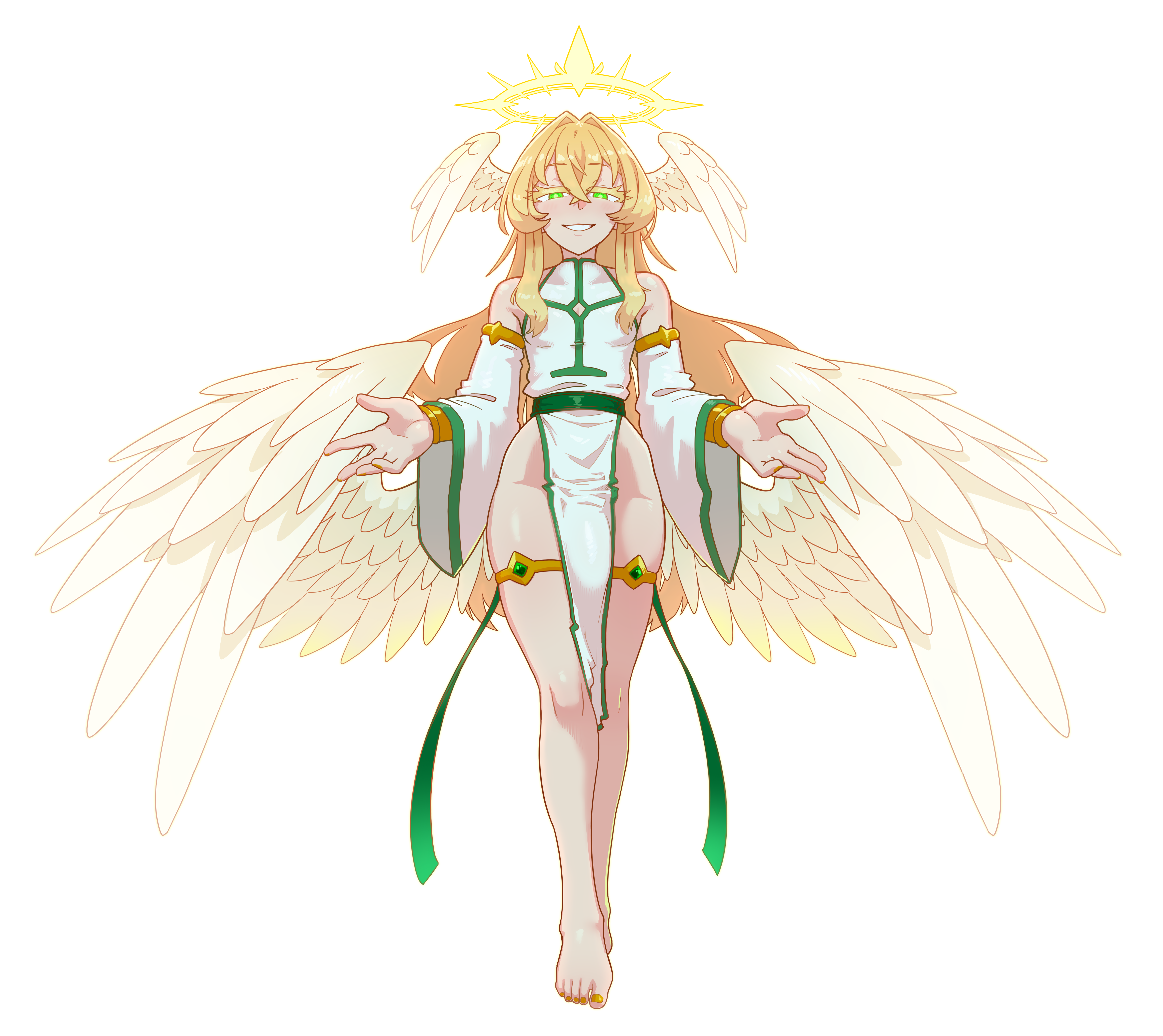 tenk, original, absurdres, highres, 1boy, angel, angel wings, barefoot, blonde hair, bracelet, bulge, detached sleeves, gold bracelet, gold thighlet, green eyes, grin, halo, head wings, jewelry, long hair, smile, solo, thighlet, white background, wings