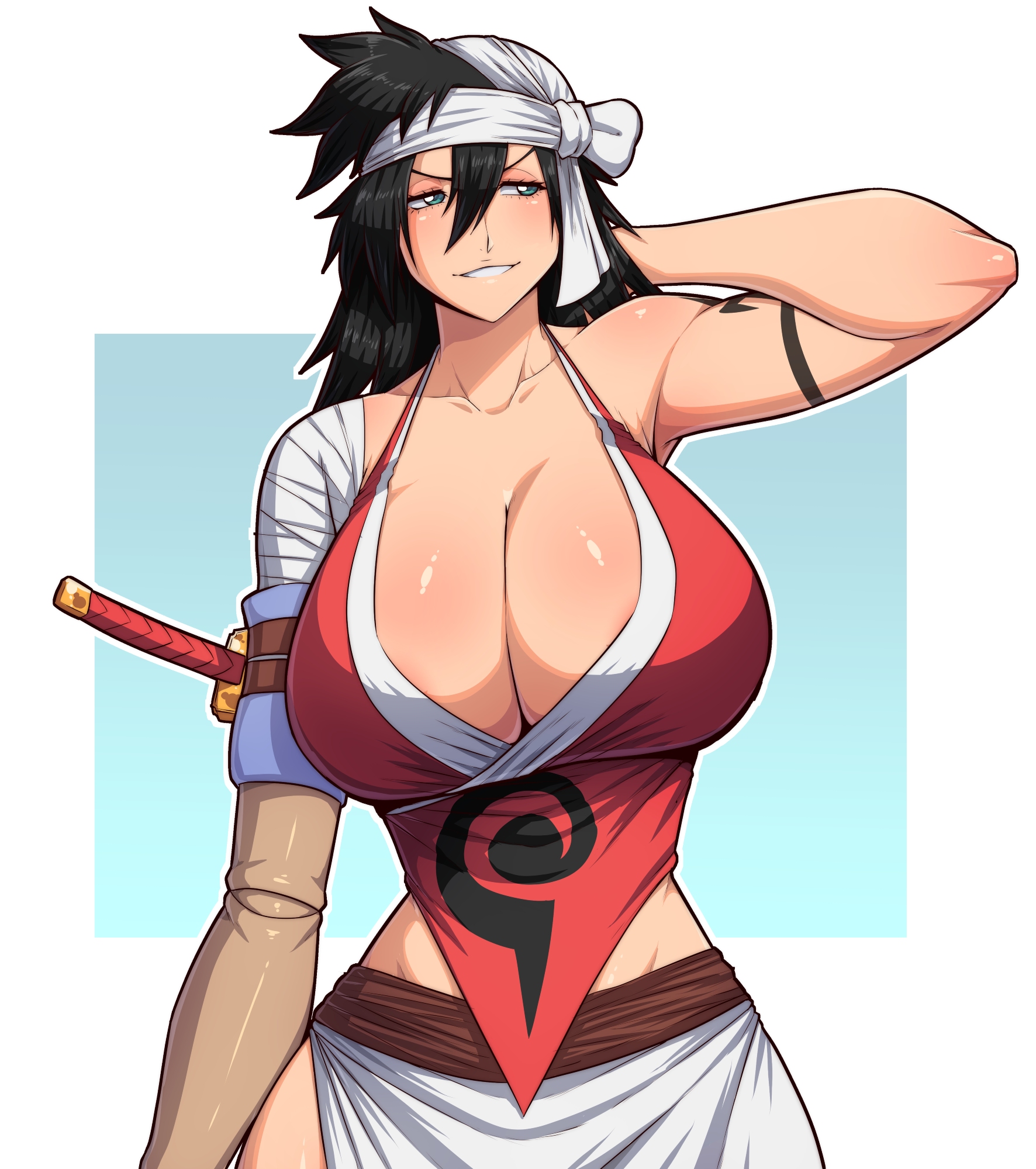simmsy, shiba kuukaku, bleach, highres, 1girl, bandaged arm, bandages, bare shoulders, black hair, breasts, cleavage, collarbone, huge breasts, smile, solo, sword, weapon