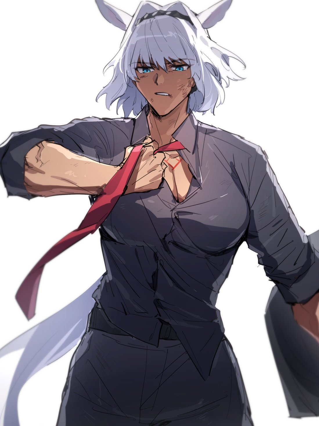 sabamori, caenis (fate), fate/grand order, fate (series), highres, 1girl, adjusting clothes, adjusting necktie, alternate costume, anger vein, animal ears, belt, black belt, black hairband, blue eyes, blurry, body markings, breasts, cleavage, collared shirt, dark-skinned female, dark skin, depth of field, grey pants, grey shirt, hair between eyes, hair intakes, hairband, hand up, horse ears, long hair, looking at viewer, necktie, pants, parted lips, ponytail, red necktie, scratches, shirt, simple background, sleeves rolled up, solo, veins, veiny arms, white background, white hair
