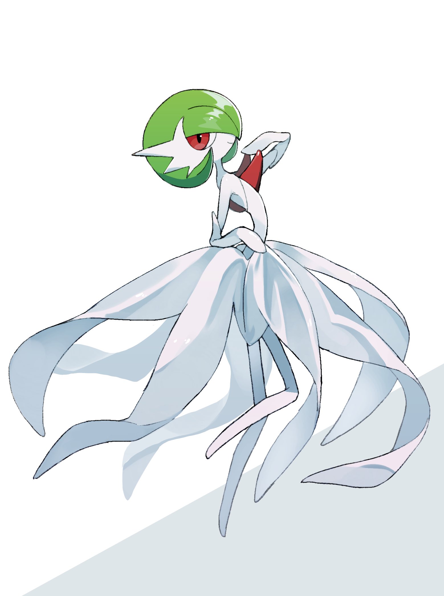 shiu 115, gardevoir, mega gardevoir, nintendo, pokemon, highres, bob cut, colored skin, dress, elbow gloves, from side, gen 3 pokemon, gloves, green hair, mega pokemon, pink eyes, pokemon (creature), simple background, smile, white background, white dress, white gloves, white skin