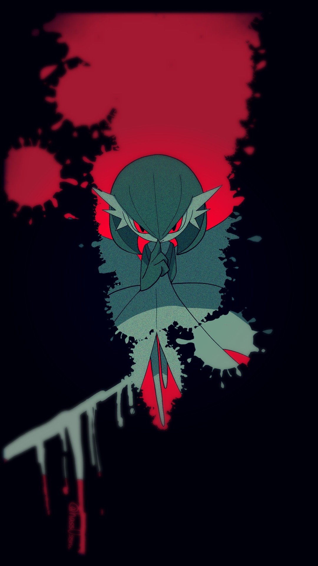 hustle okamoto, gardevoir, nintendo, pokemon, highres, black background, blood, blood stain, bob cut, colored skin, dress, finger to mouth, gen 3 pokemon, green hair, green skin, multicolored skin, pokemon (creature), red eyes, shushing, two-tone skin, white dress, white skin