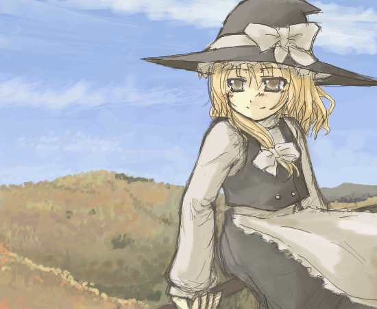 kuroneko no toorimichi, takuzui, kirisame marisa, touhou, 1girl, black hat, blonde hair, female focus, hat, landscape, smile, solo, witch hat