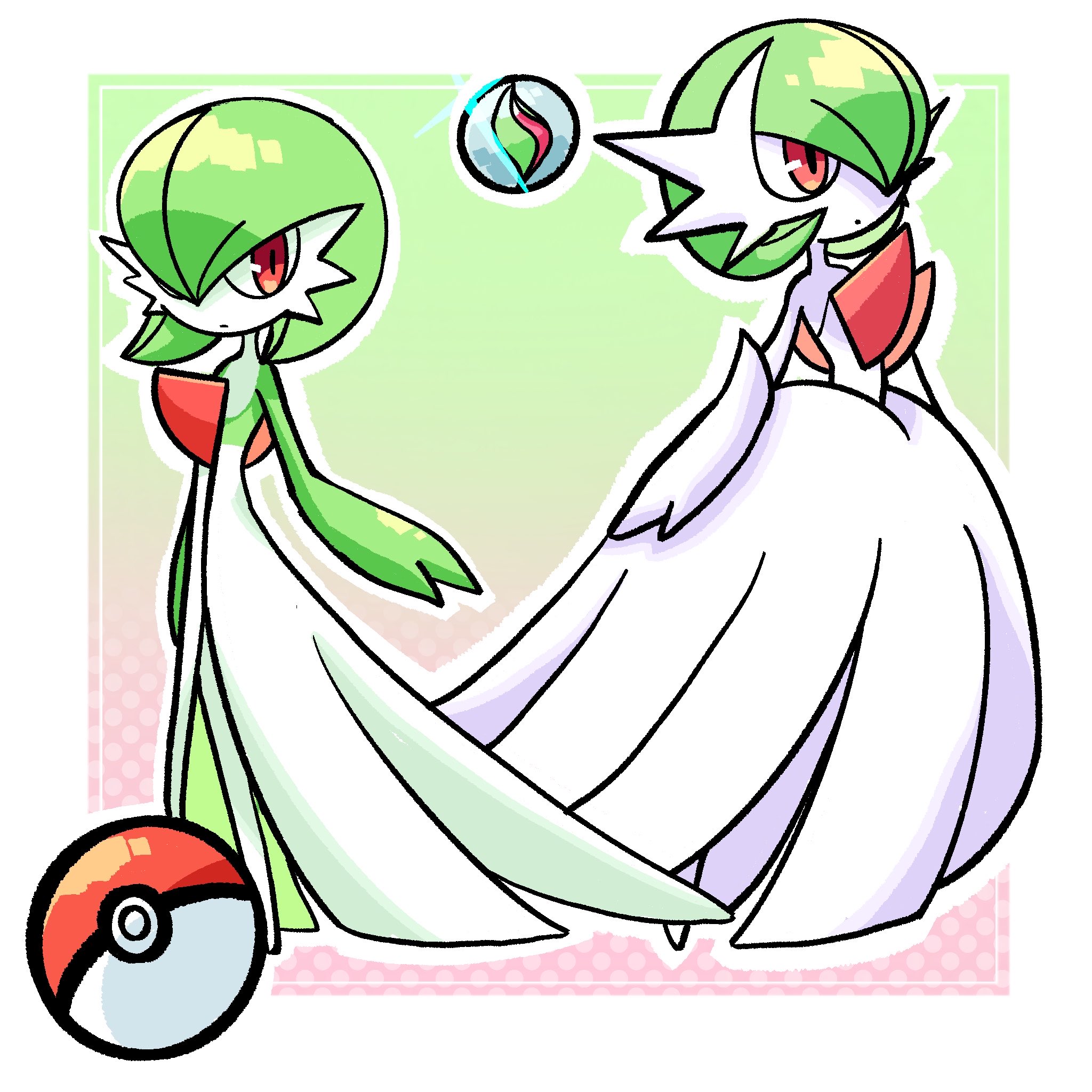 mikanbouzuuu, gardevoir, mega gardevoir, nintendo, pokemon, highres, bob cut, colored skin, dress, elbow gloves, gen 3 pokemon, gloves, green hair, green skin, mega pokemon, mega stone, multicolored skin, pink eyes, poke ball, poke ball (basic), pokemon (creature), two-tone skin, white dress, white gloves, white skin
