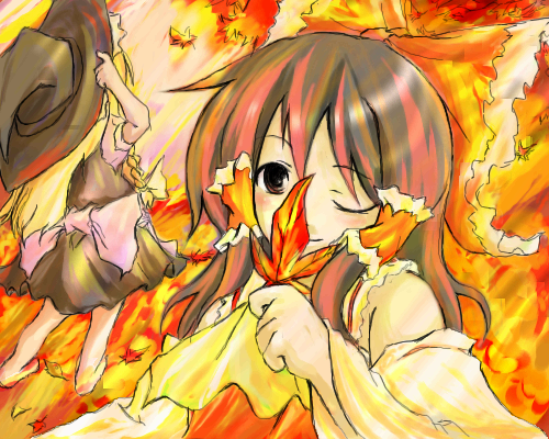 enpou, hakurei reimu, kirisame marisa, touhou, lowres, 2girls, autumn leaves, dress, female focus, hat, leaf, multiple girls, orange theme, red theme