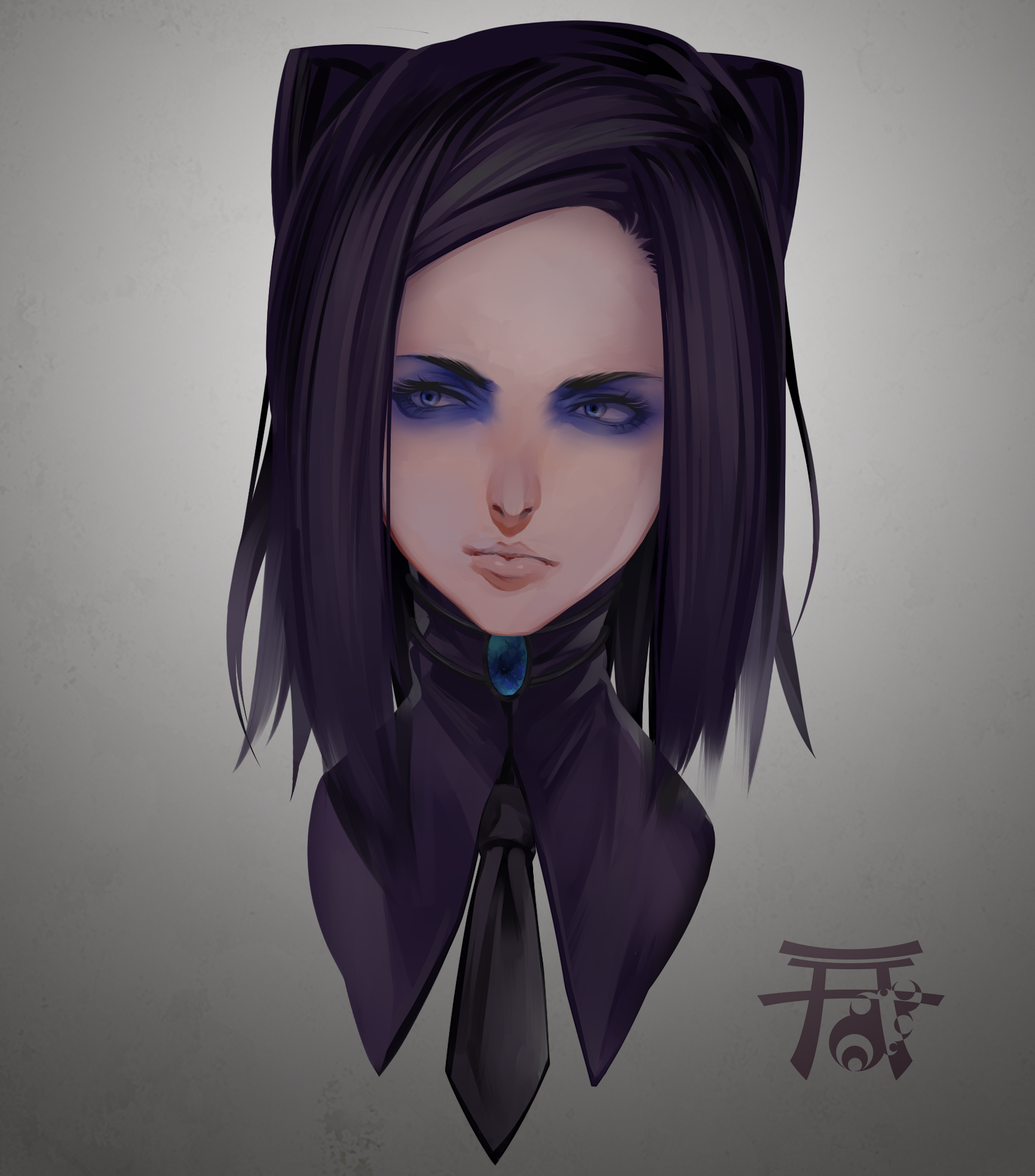 yuuten, re-l mayer, ergo proxy, commentary request, highres, 1girl, black hair, black necktie, blue eyeshadow, closed mouth, cropped shoulders, eyelashes, eyeshadow, grey background, lips, looking to the side, makeup, necktie, portrait, sideways glance, solo, turtleneck